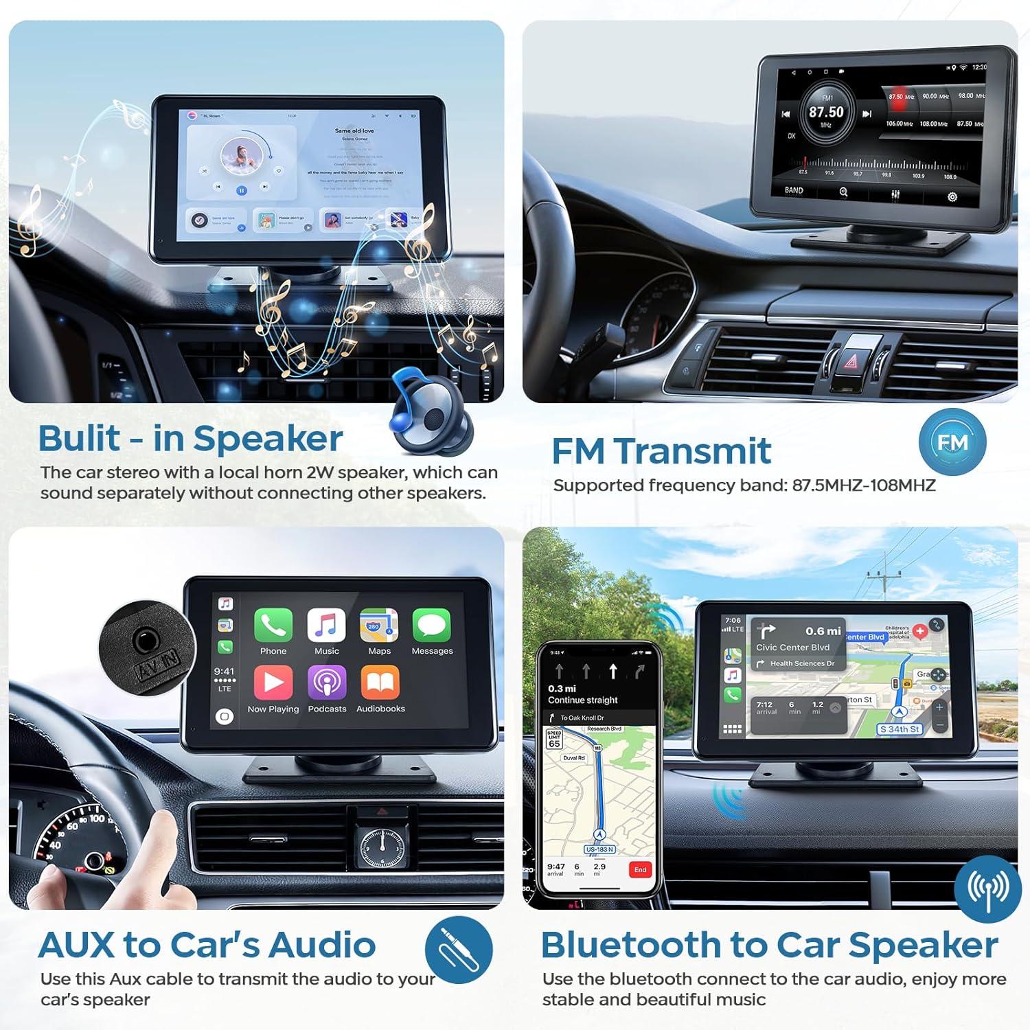 Apple Carplay portátil de 7 pulgadas, pantalla táctil inalámbrica de doble DIN, compatible con Apple Carplay y Android Auto, estéreo para automóvil
