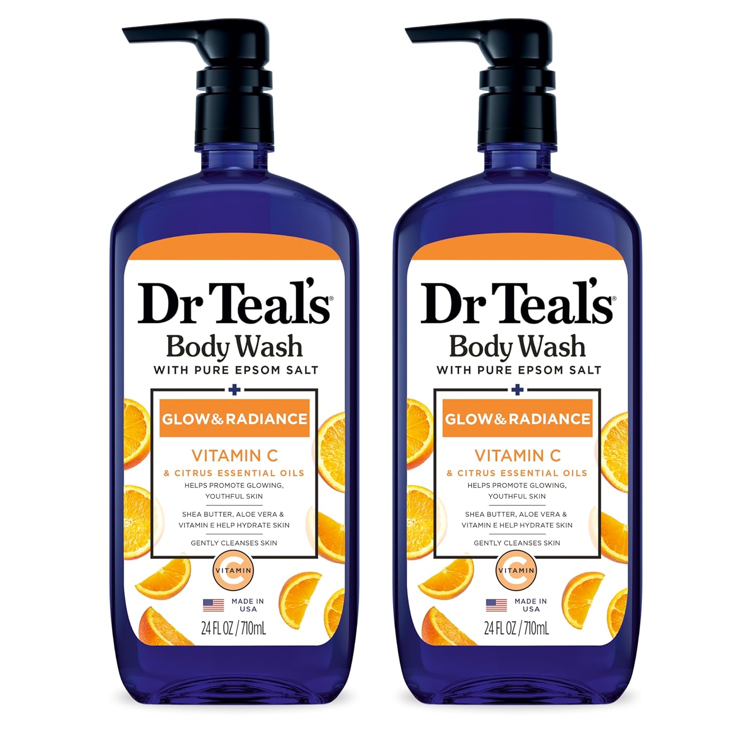Dr Teal’s Gel de baño con sal pura de Epsom, resplandor y resplandor con vitamina C y aceites esenciales cítricos, 24 onzas (paquete de 2) (el
