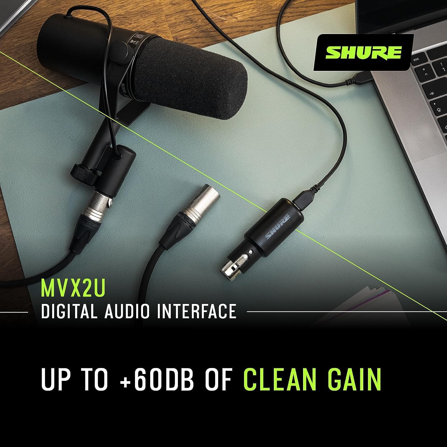 Shure Paquete de micrófono SM58-LC con interfaz digital MVX2U XLR a USB con conector para auriculares, preamplificador integrado con control de