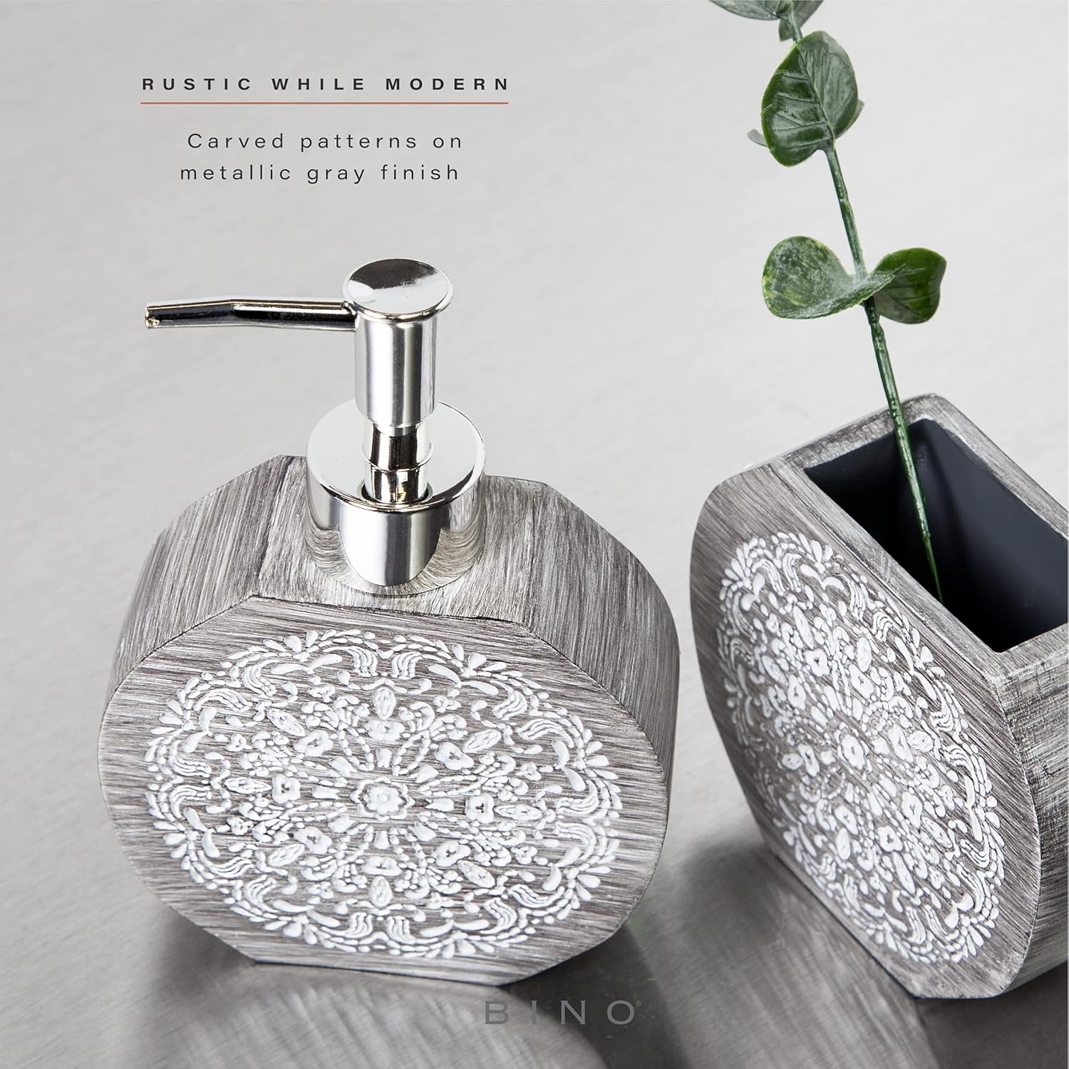 BINO Juego de accesorios de baño, color gris, dispensador de jabón, soporte para cepillos de dientes, vaso, organizador de baño de 3 piezas,