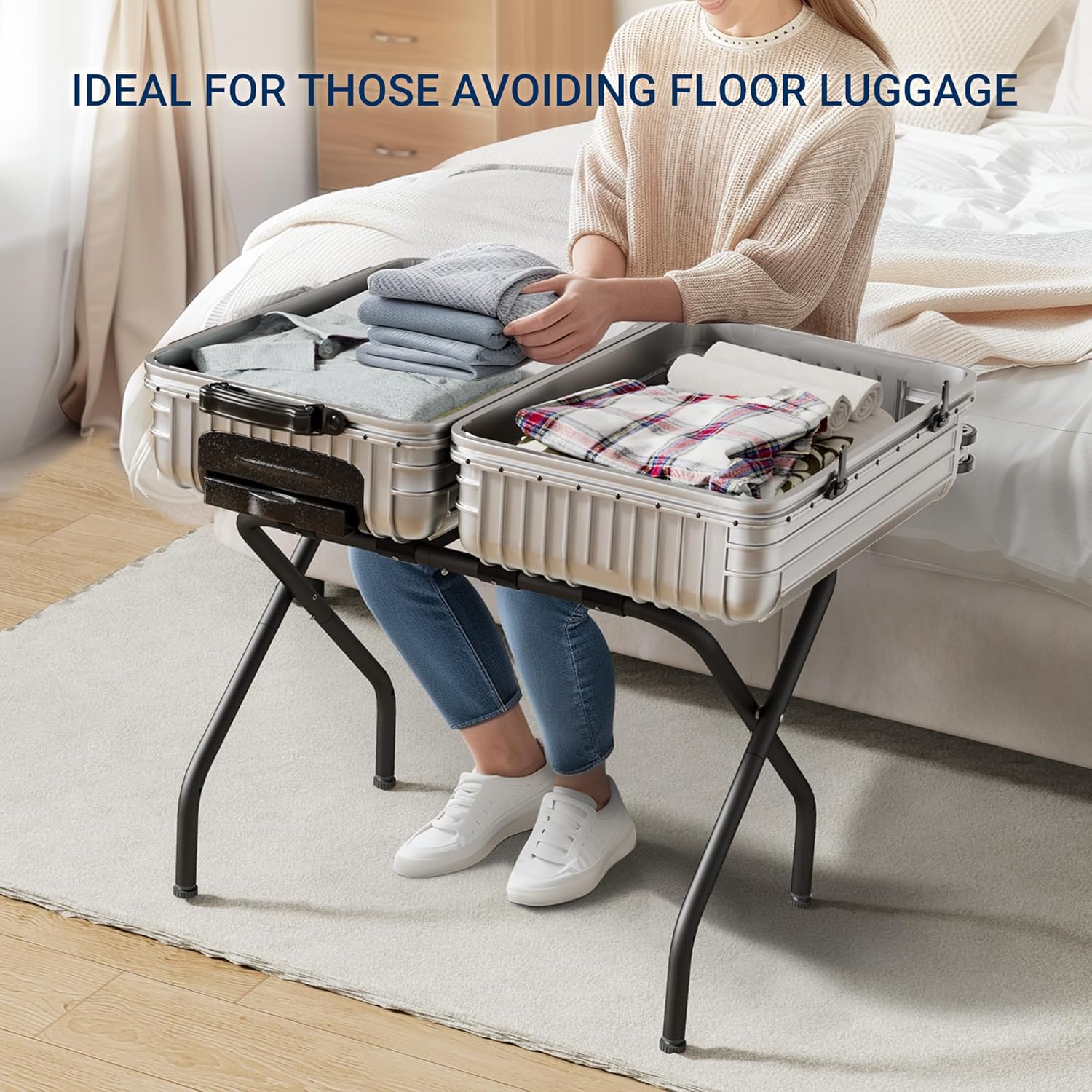 Jsluiiys Portaequipajes, paquete de 2, soporte plegable para maleta, soporte de equipaje plegable tipo X, soporte de equipaje negro resistente,