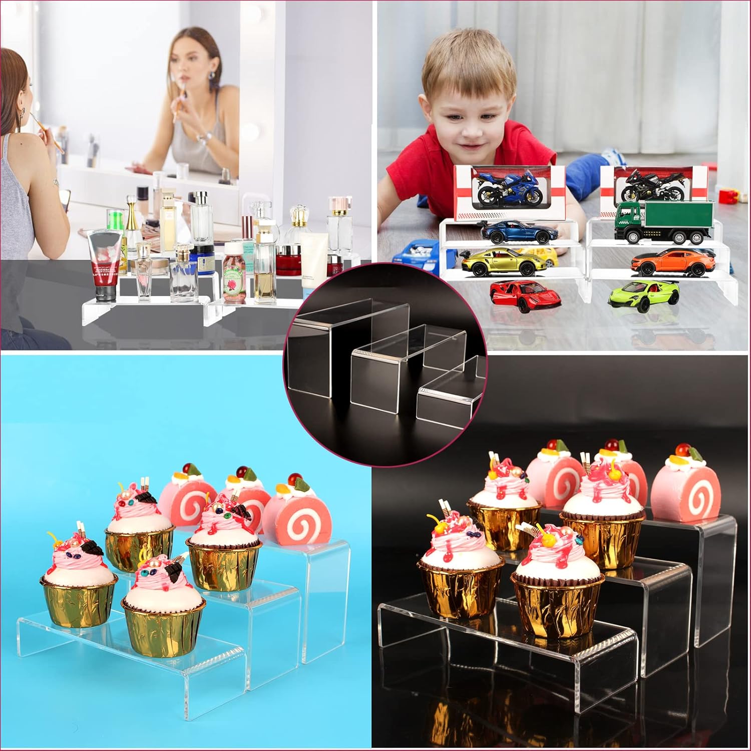HAOWUJIN Elevadores acrílicos para exhibición, 6 piezas de acrílico transparente para bufé, postres, cupcakes, marionetas, accesorios, perfumes,