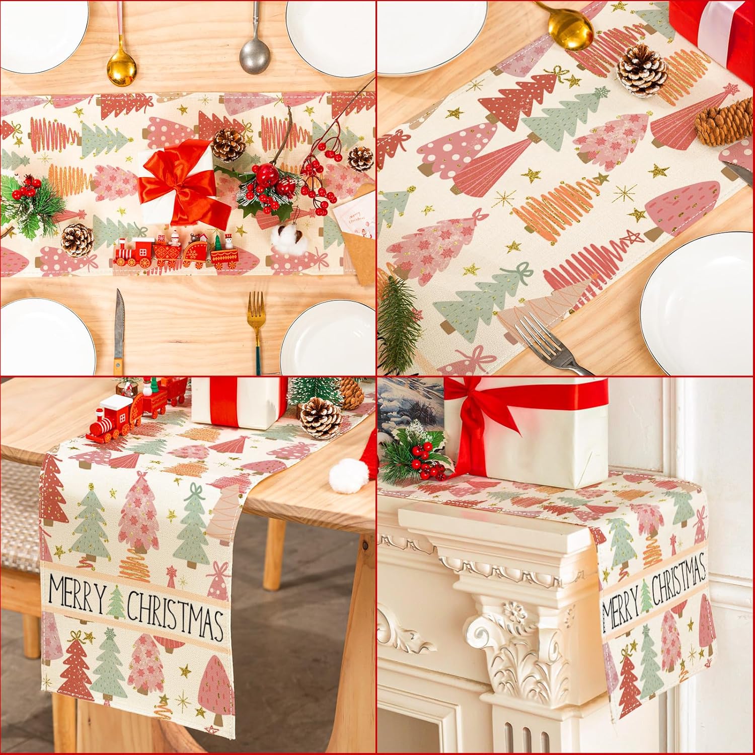 AnyDesign – Camino de mesa bohemio con texto en inglés “Merry Christmas” para decoración de árbol de Navidad, mantel impermeable para suministros de