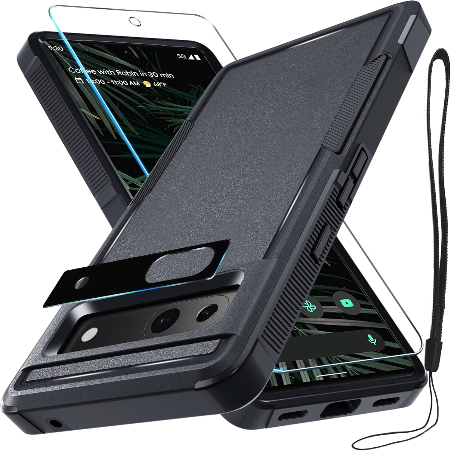 Funda para Google Pixel 7A, cuerpo completo, resistente, a prueba de golpes, con correa de cordón, protector de pantalla de vidrio templado y