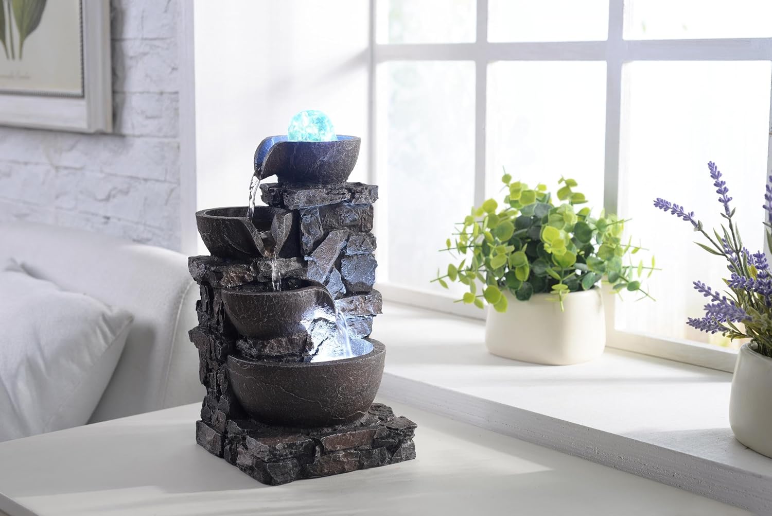 MSEONWXI Fuente de mesa para decoración del hogar, piedra interior, cuatro tazones, rocas de río naturales, decoradas, luces coloridas, bola rodante