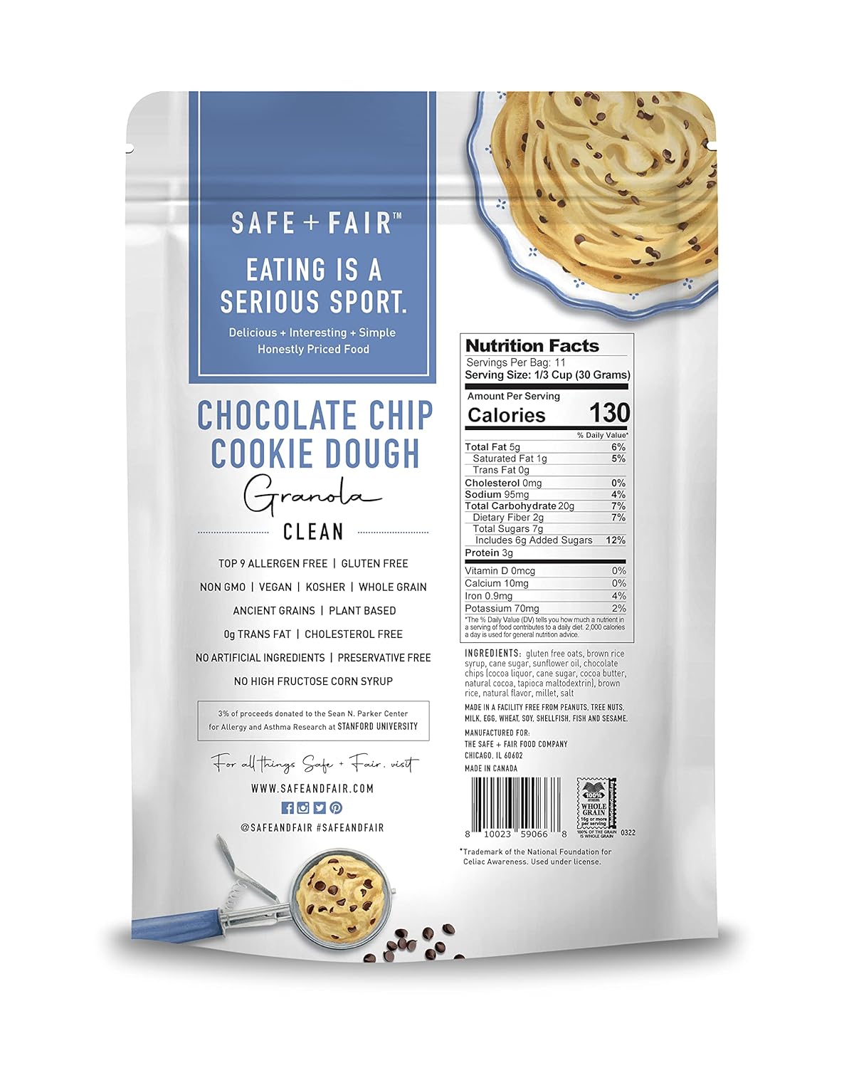 Safe + Fair – Granola de masa de galletas con chispas de chocolate, sin gluten, sin lácteos y vegana, aperitivos o postres, libre de los 9 alérgenos