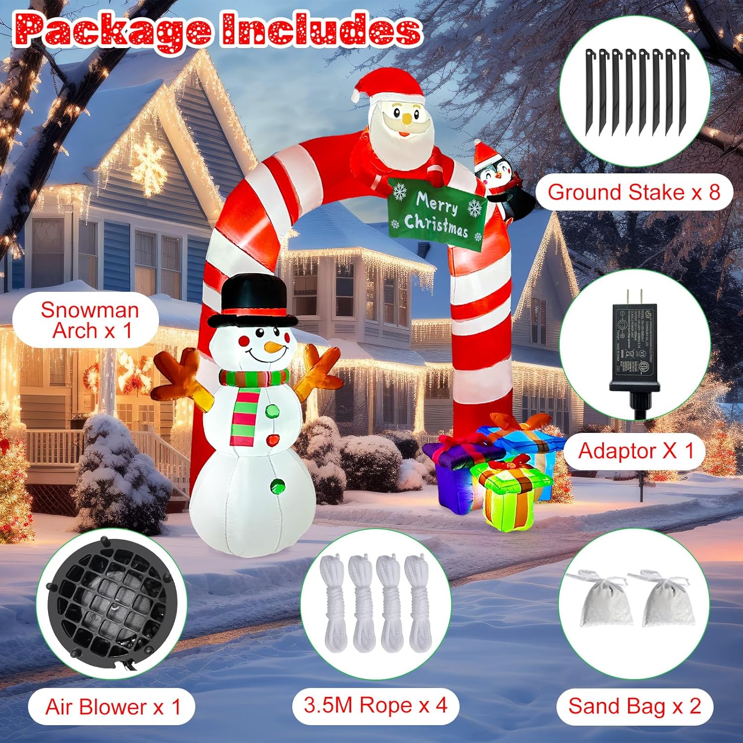 OurWarm Arco inflable de bastón de caramelo inflable de 8 pies, pingüino de Papá Noel y muñeco de nieve, decoraciones de patio con luces LED