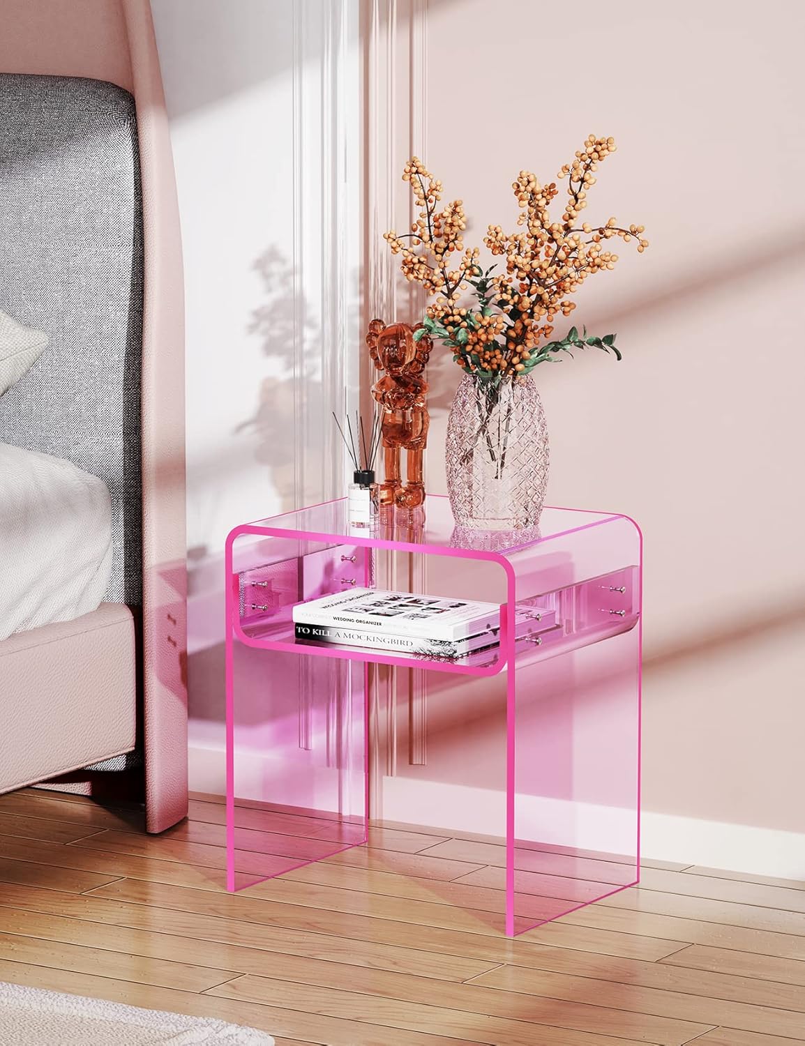 Mesa auxiliar de acrílico transparente de 2 niveles para sala de estar, dormitorio, decoración del hogar (rosa)
