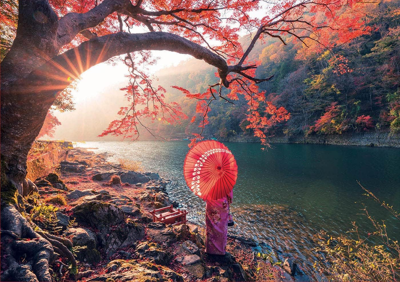 Educa – Amanecer en el río Katsura – Rompecabezas de 1000 piezas – Pegamento para rompecabezas incluido – La imagen completa mide 26.8 x 18.9