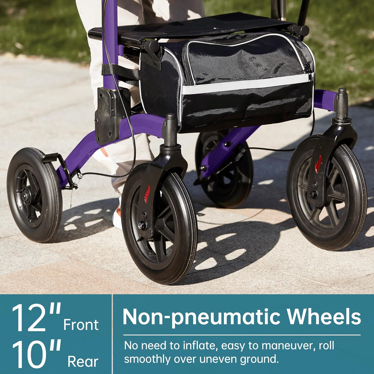 ELENKER Andador vertical todo terreno, andador con asiento, ruedas no neumáticas de 12 pulgadas, diseño plegable compacto para personas mayores,