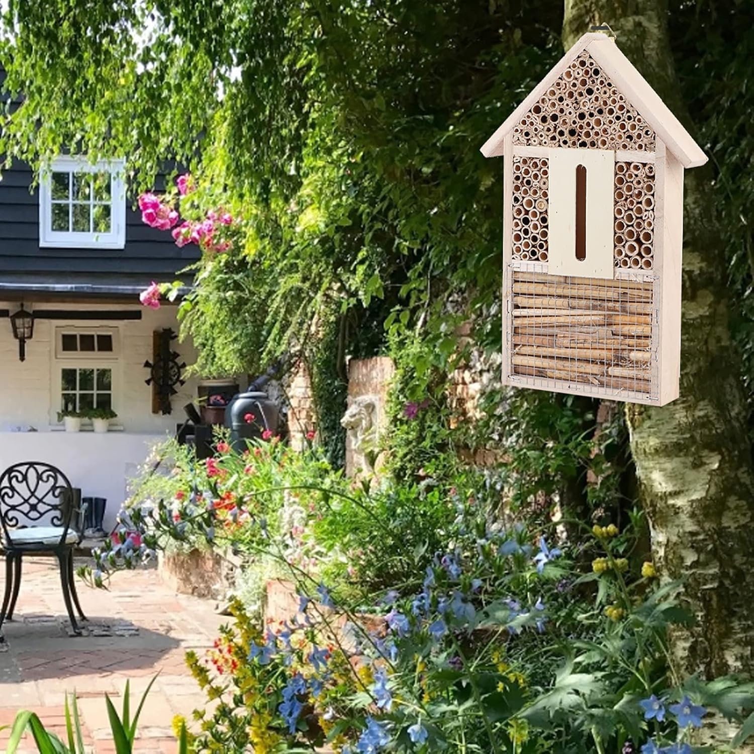 Fydun Casa de abejas de madera, refugio de jardín, caja de anidación de artesanías, adorno al aire libre, decoración de casa de abeja de madera,