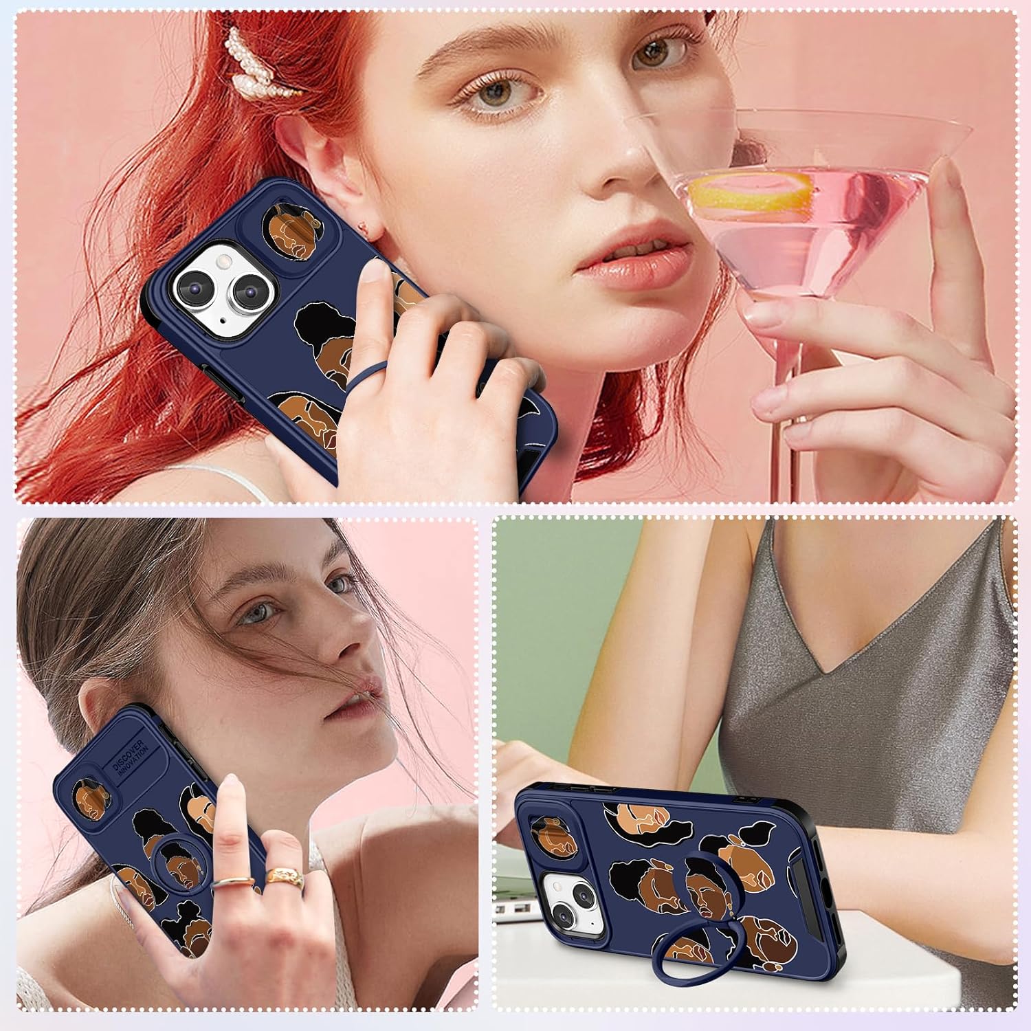 Funermei Funda para iPhone 14 Plus (2 en 1 para iPhone 14 Plus para mujer, linda funda para niñas negras, estética, arte de moda kawaii, diseño