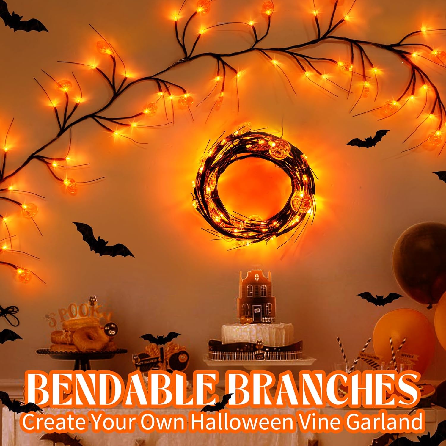 Guirnalda de Halloween de 6 pies con 54 luces LED con luces de sauce y vid de calabaza con temporizador, 8 modos, impermeable, naranja, luces de