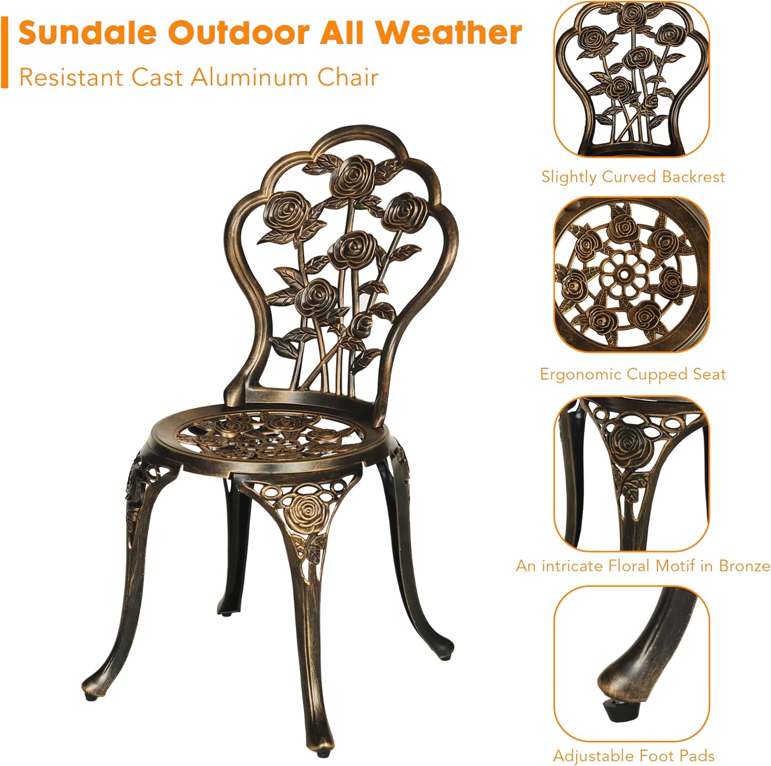 Sundale Outdoor Juego de 4 piezas de estilo bistró, de aluminio fundido, sillas de sofá biplaza resistentes a todo tipo de clima, acabado antiguo,