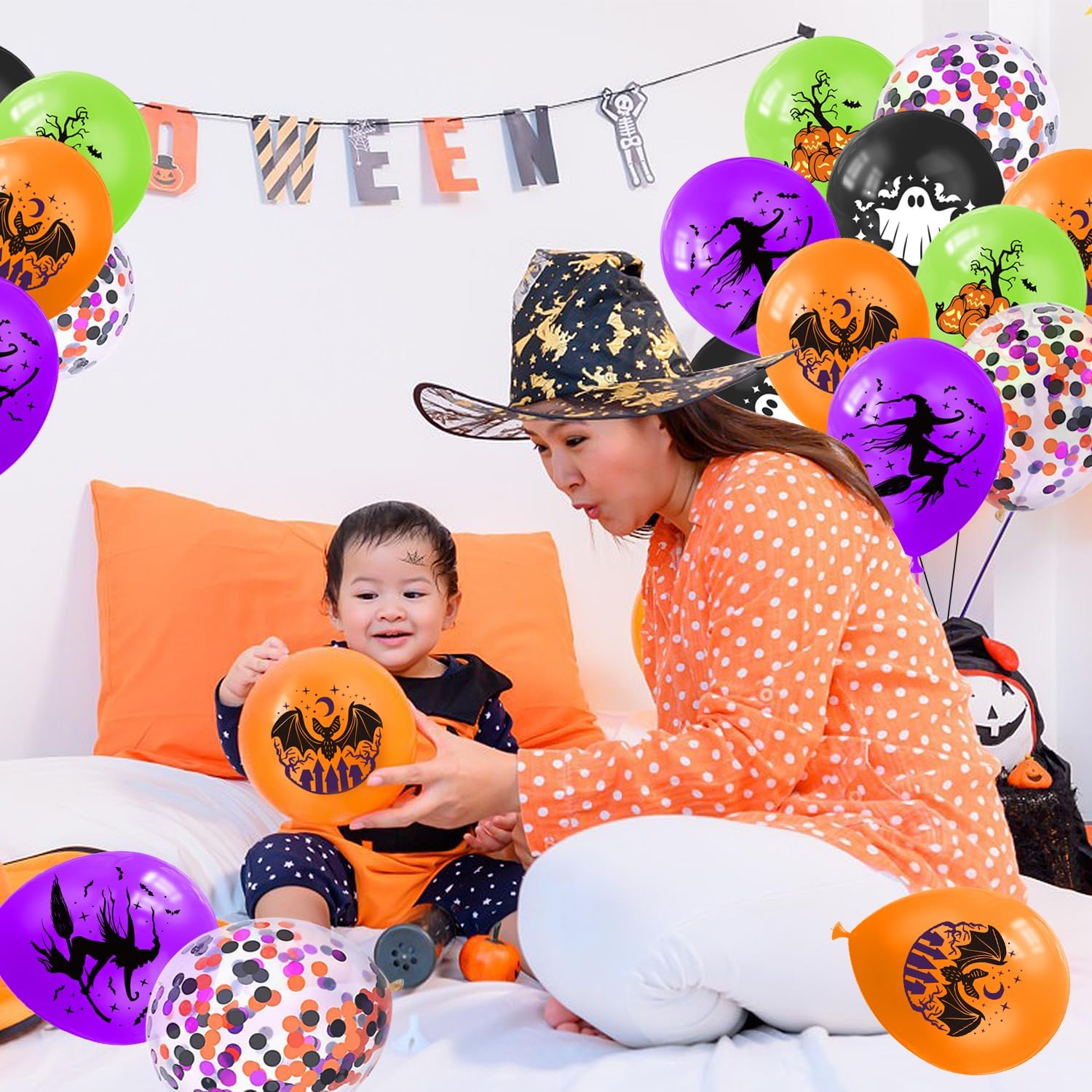 KORHONEN Globos de Halloween, 60 globos de látex de confeti de 12 pulgadas, color morado, naranja, verde, negro, confeti, para suministros de fiesta