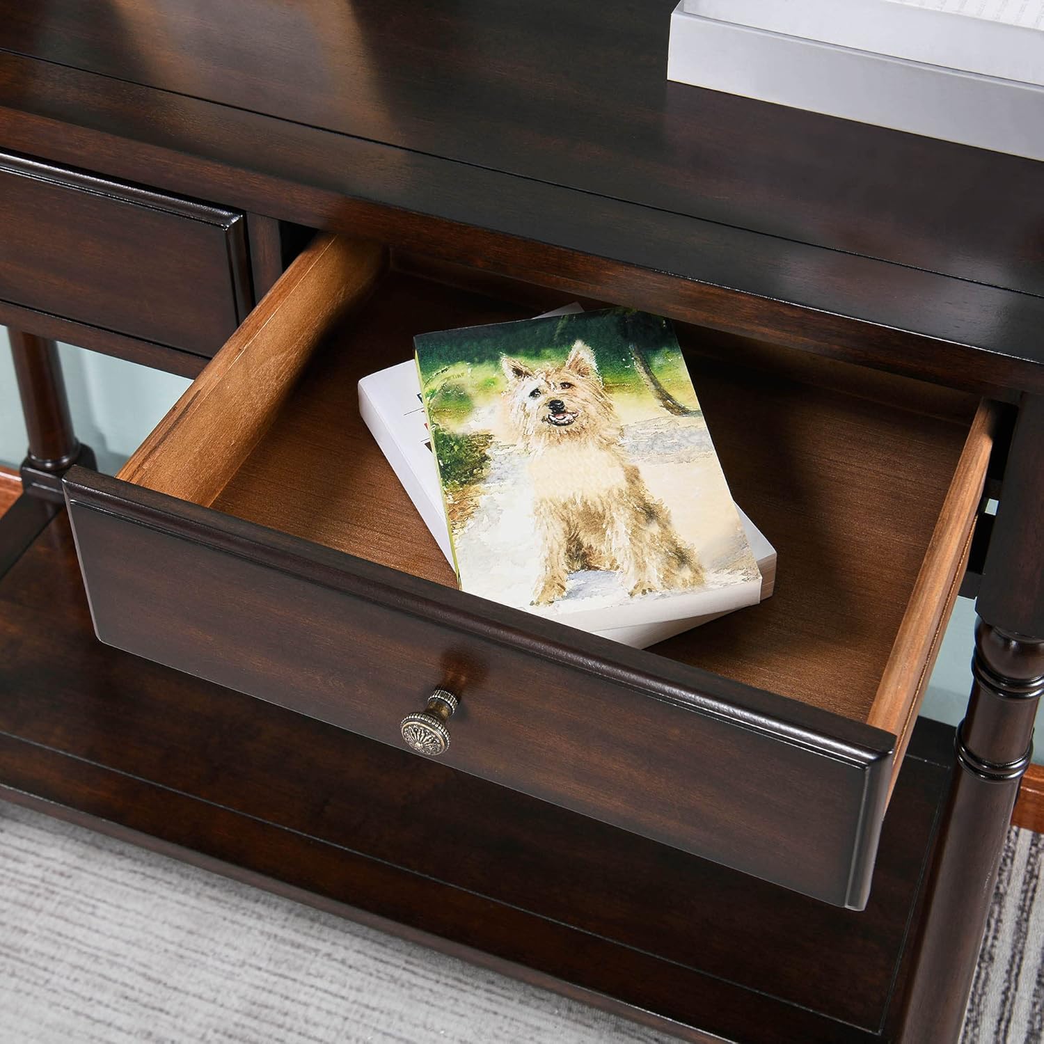 Mesa consola de madera maciza con 2 cajones, mesa de sofá decorativa de 2 niveles de 35.4 x 30 pulgadas con estante de almacenamiento multicapa,