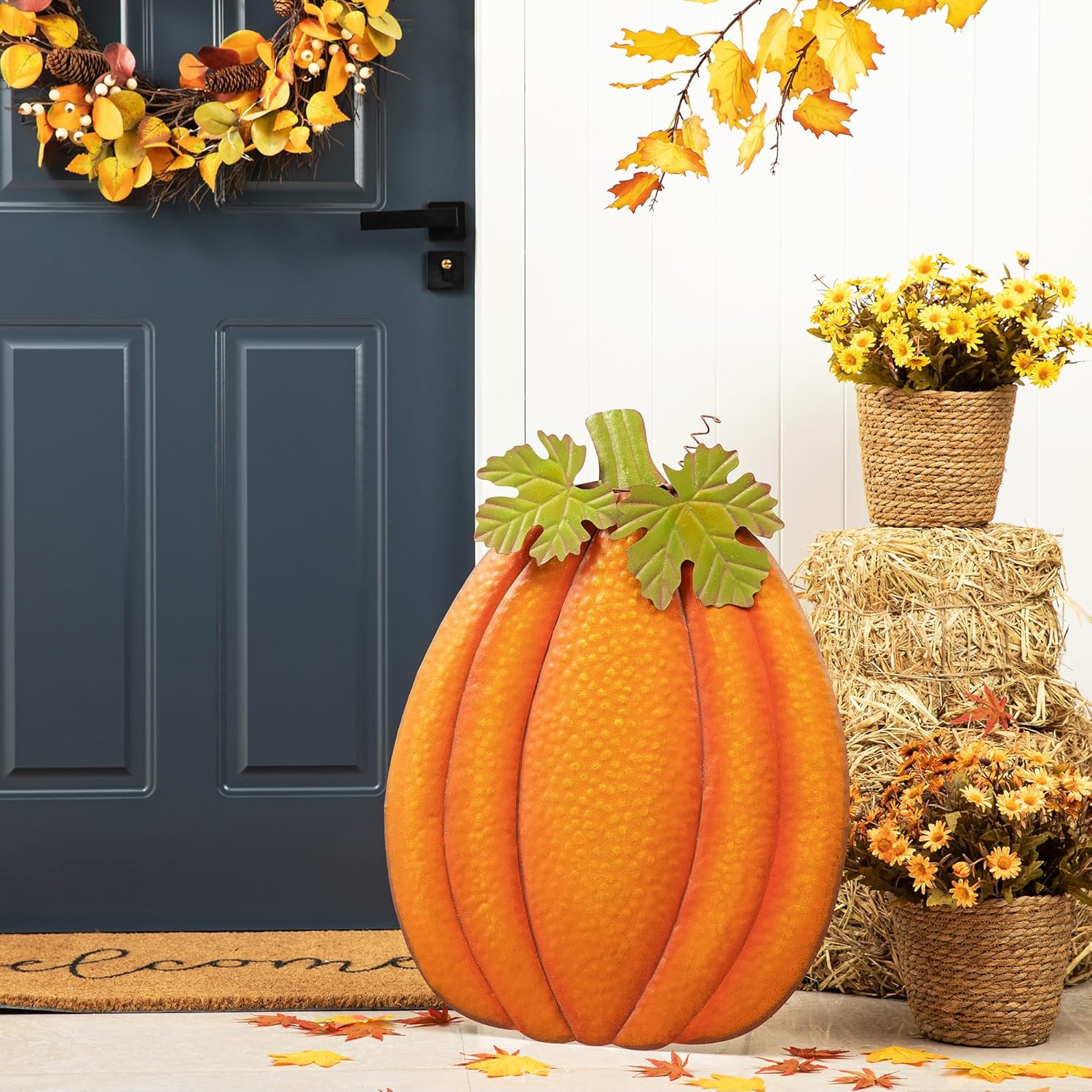 Glitzhome Estaca de calabaza en relieve de metal de otoño de 37.75 pulgadas de alto, estacas de calabaza para jardín o letreros colgantes de