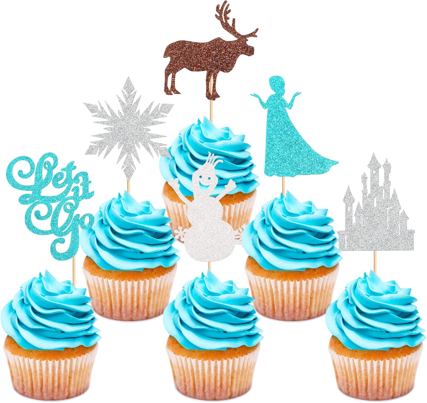 Ercadio Paquete de 24 adornos de copos de nieve para cupcakes con purpurina para invierno, copos de nieve, ciervos, princesas, cupcakes para
