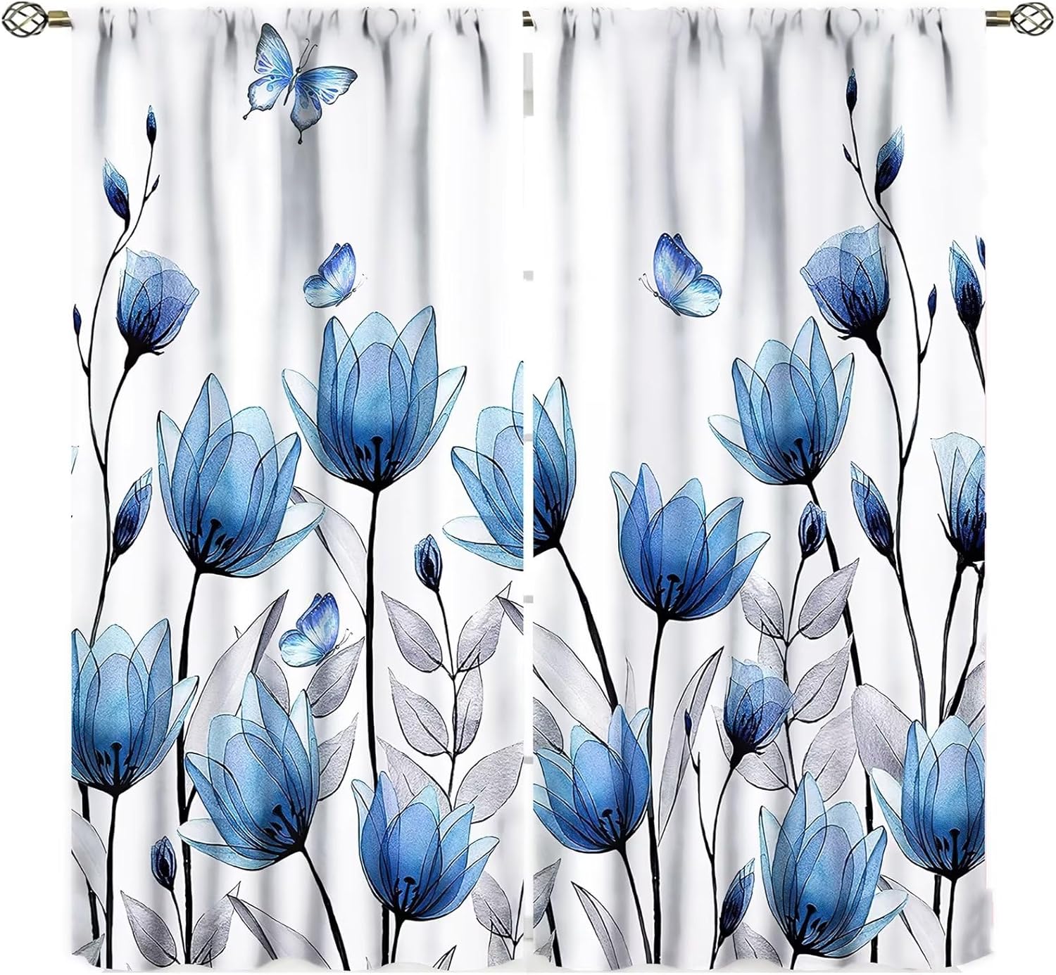 Cortinas de flores azules con tulipanes florales para mujer, plantas botánicas de mariposa, elegantes y pequeñas, para sala de estar, tela de