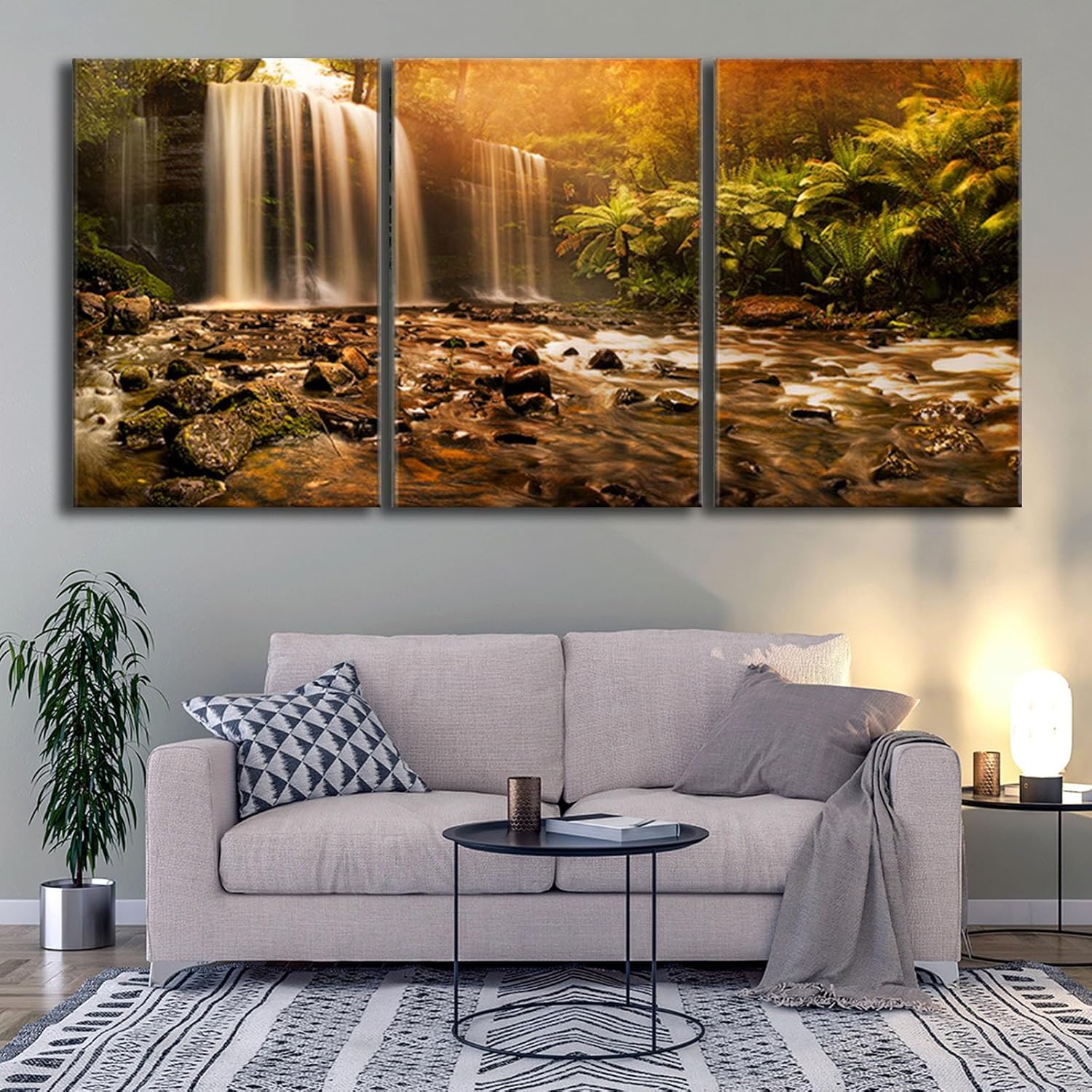 Looife Lienzo decorativo para pared para decoración del hogar, puesta de sol, pintura de pared, lienzo con cascada, imagen impresa en lienzo, 3