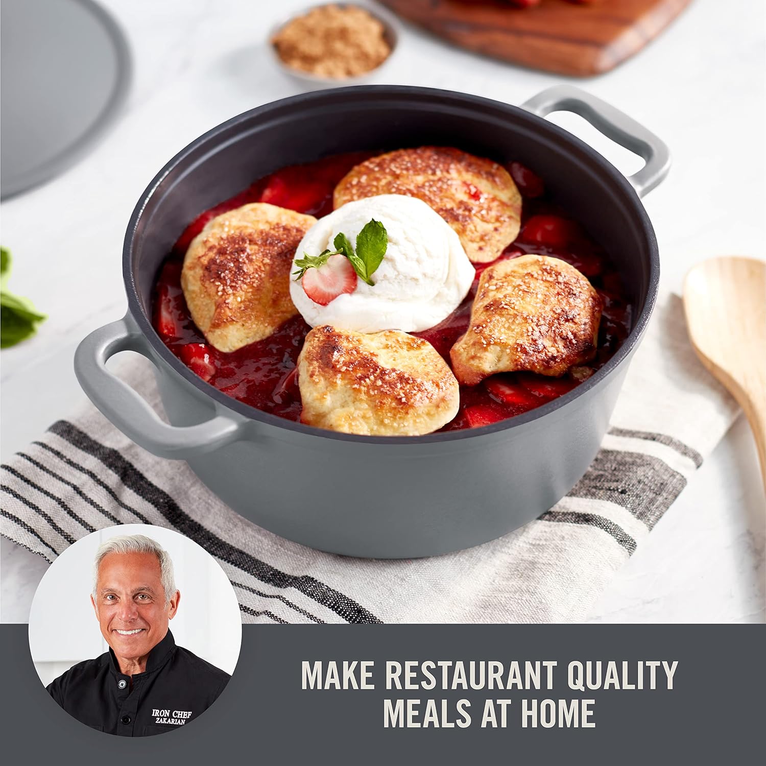 DASH Zakarian by DASH – Horno holandés antiadherente de hierro fundido de 4.5 cuartos de galón, olla antiadherente de cerámica de titanio con tapa y