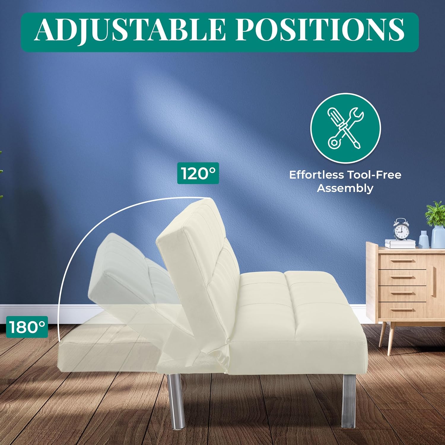 Naomi Home Sofá futón de piel sintética, moderno sofá cama plegable convertible con patas cromadas, mini sofá reclinable, futón de cuero pequeño