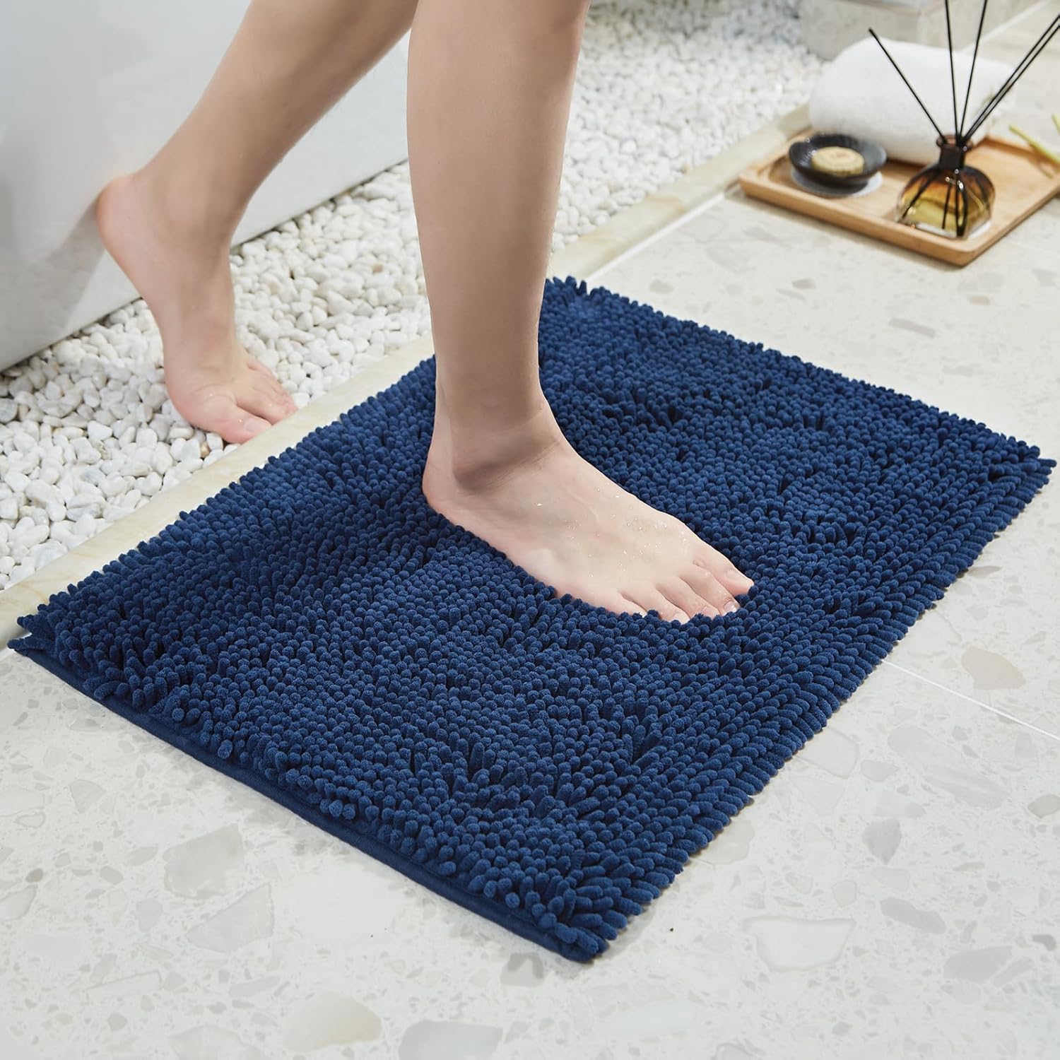 TECHMILLY Tapetes de baño de felpilla suave y esponjosa, antideslizantes, absorbentes, para baño, lavables y de secado rápido, color azul marino, 17
