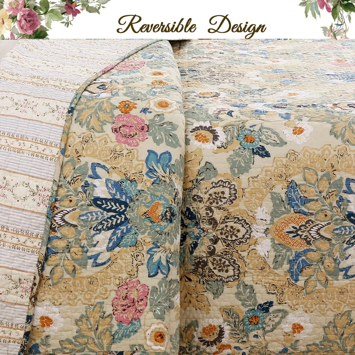 Cozy Line Home Fashions Juego de edredón clásico de lujo, 100% algodón, color beige, azul, floral, rosa, flores, estilo bohemio, colcha reversible
