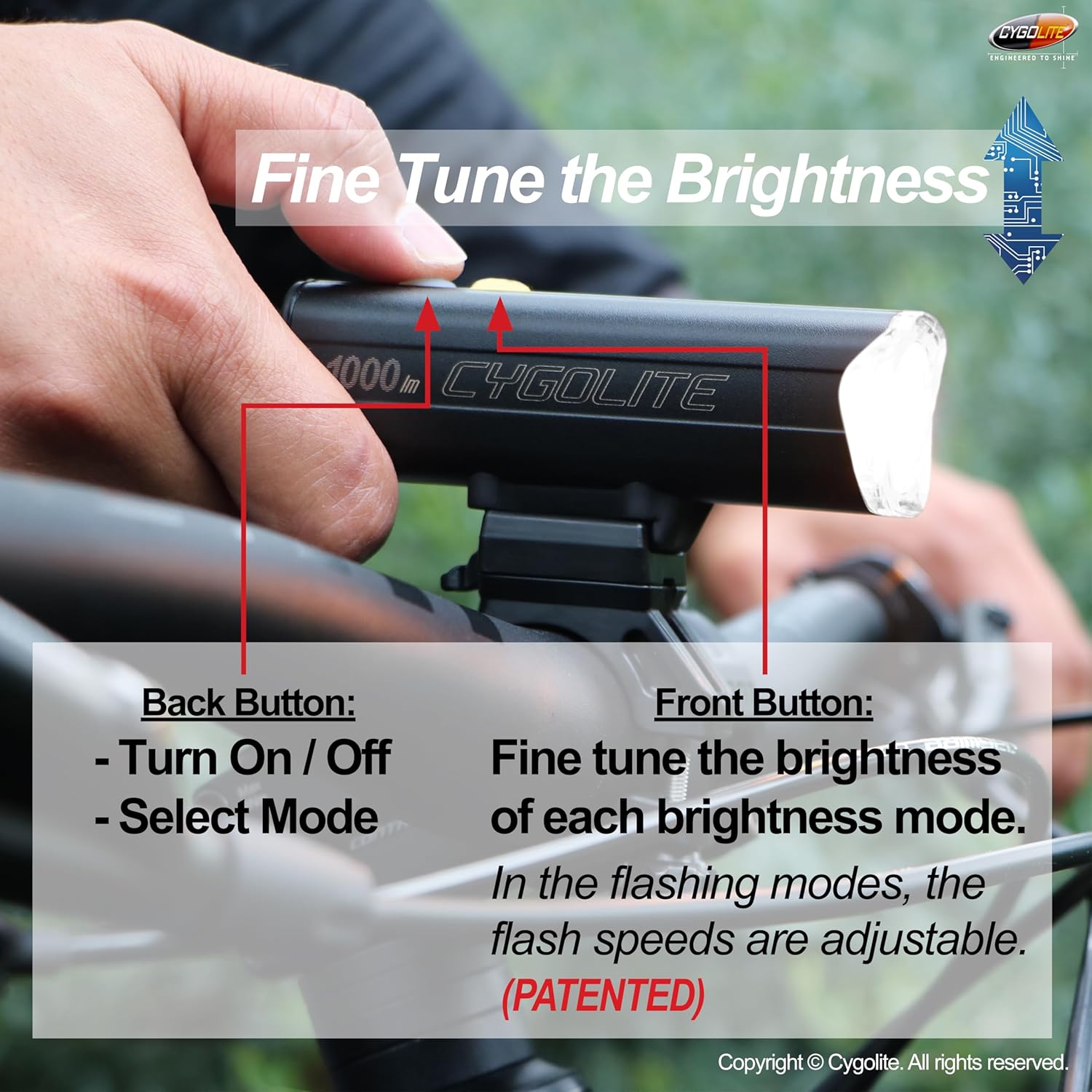 Cygolite Velocity SL – Luz de bicicleta de 1000 lúmenes, aleación de aluminio anodizado, 9 modos de luz, brillo ajustable fino, compacto IP67