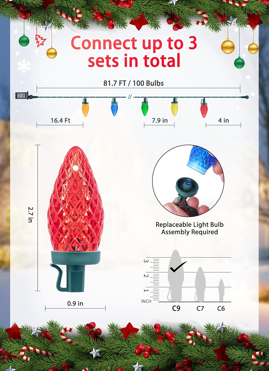 Luces LED de Navidad C9 para exteriores, 81 pies, 100 luces LED con temporizador y 8 modos de iluminación, impermeable, grado comercial, extensible,