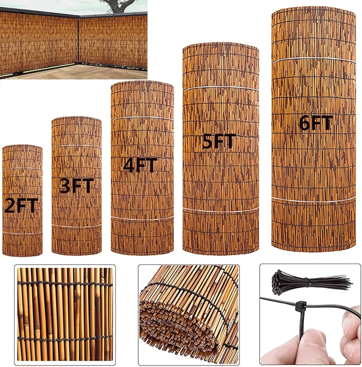 Proyección de cañas, cercas decorativas, parasol, rollos de bambú para vallas, paneles de privacidad para patio, 2, 3, 4, 5 pies de alto x 16.4 pies