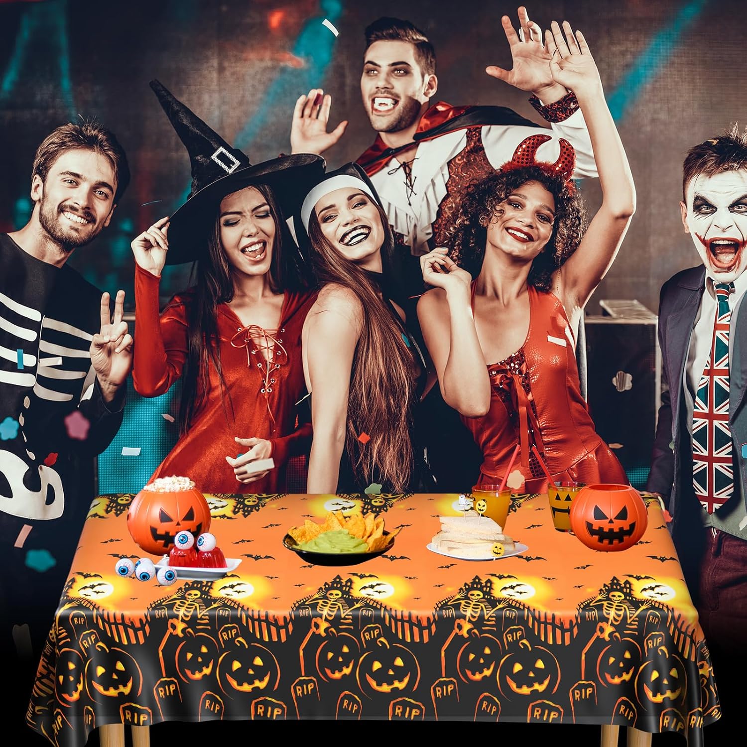 PLULON Mantel de Halloween de 54 x 108 pulgadas, diseño de calabaza, murciélago, esqueleto, calavera, mantel de plástico para decoración de mesa de