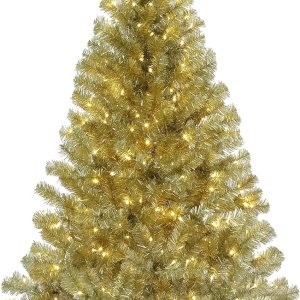 Haute Decor Árbol de Navidad dorado champán de 7.5 pies de alto, preiluminado con luces LED blancas cálidas de bajo consumo con pedal para poner y Haute Decor Árbol de Navidad dorado champán de 7.5 pies de alto, preiluminado con luces LED blancas cálidas de bajo consumo con pedal para poner y
