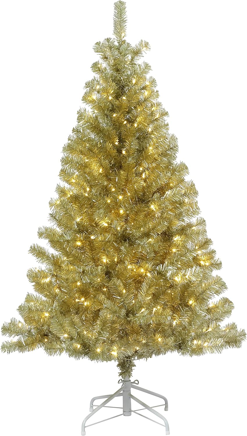 Haute Decor Árbol de Navidad dorado champán de 7.5 pies de alto, preiluminado con luces LED blancas cálidas de bajo consumo con pedal para poner y