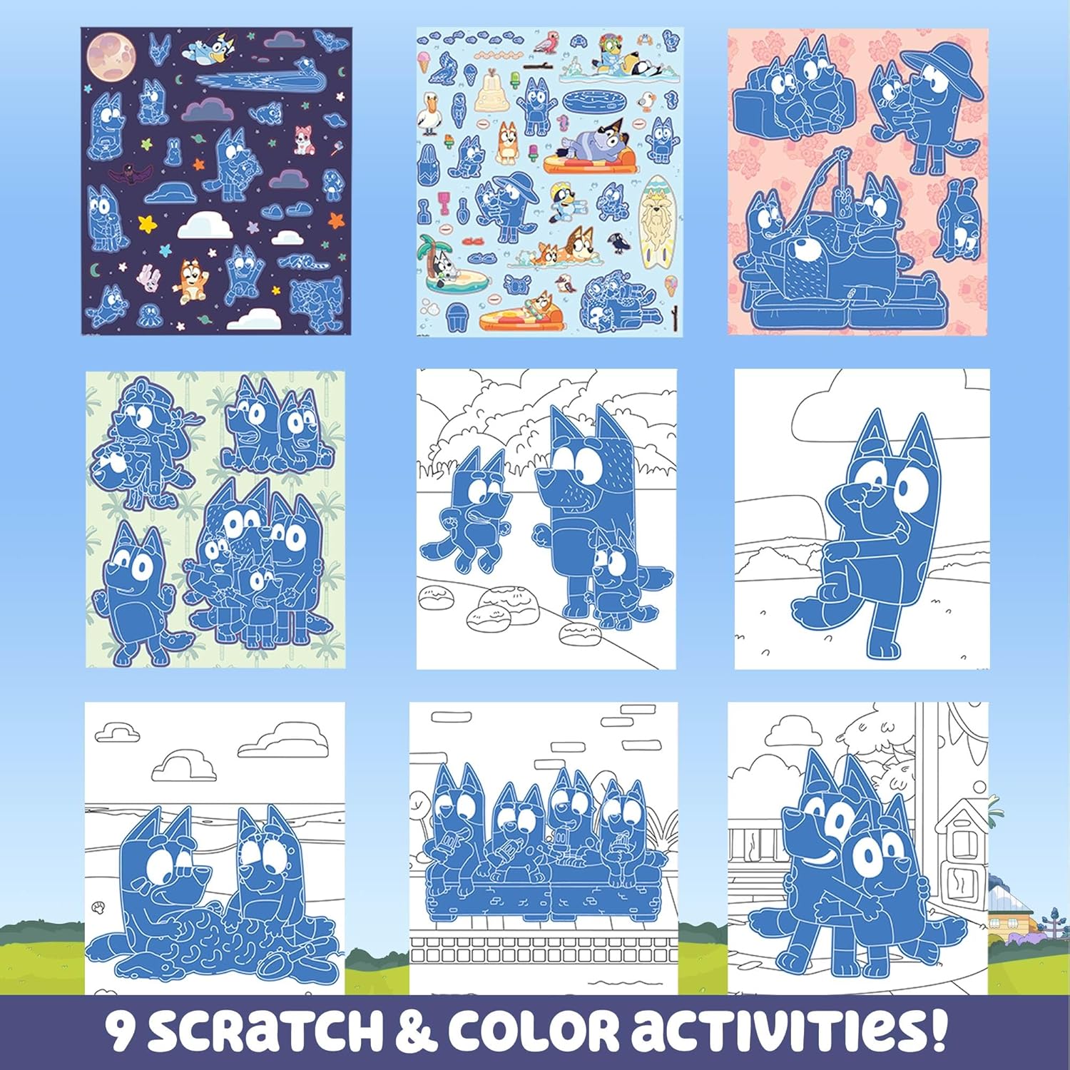 Bluey Scratch ‘n Color Pad, libro de actividades para colorear de 9 páginas, incluye arte para rascar, calcomanías para niños, juguetes Bluey para