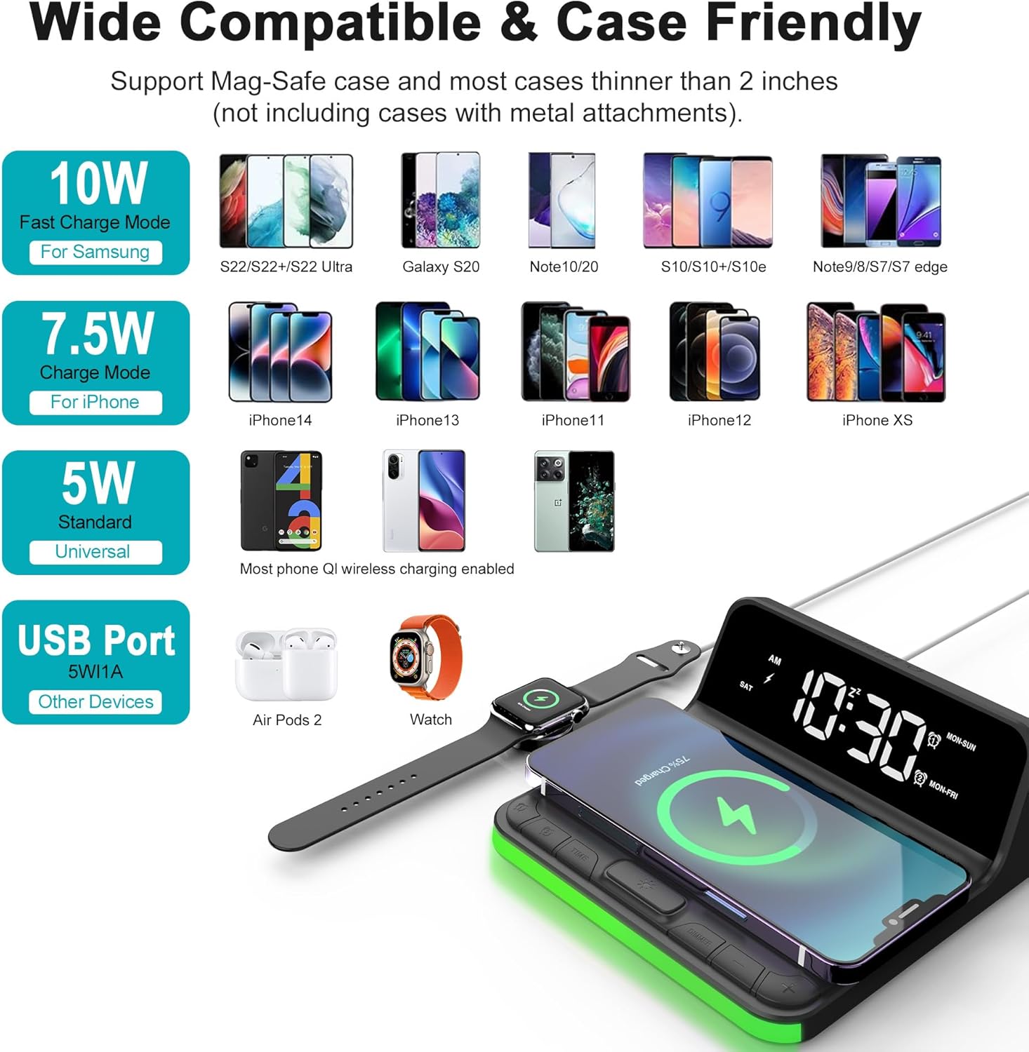 Te-Rich Reloj despertador fuerte para adultos que duermen pesados, reloj despertador con carga inalámbrica, USB y luces, alarma dual (7-5-2), 6