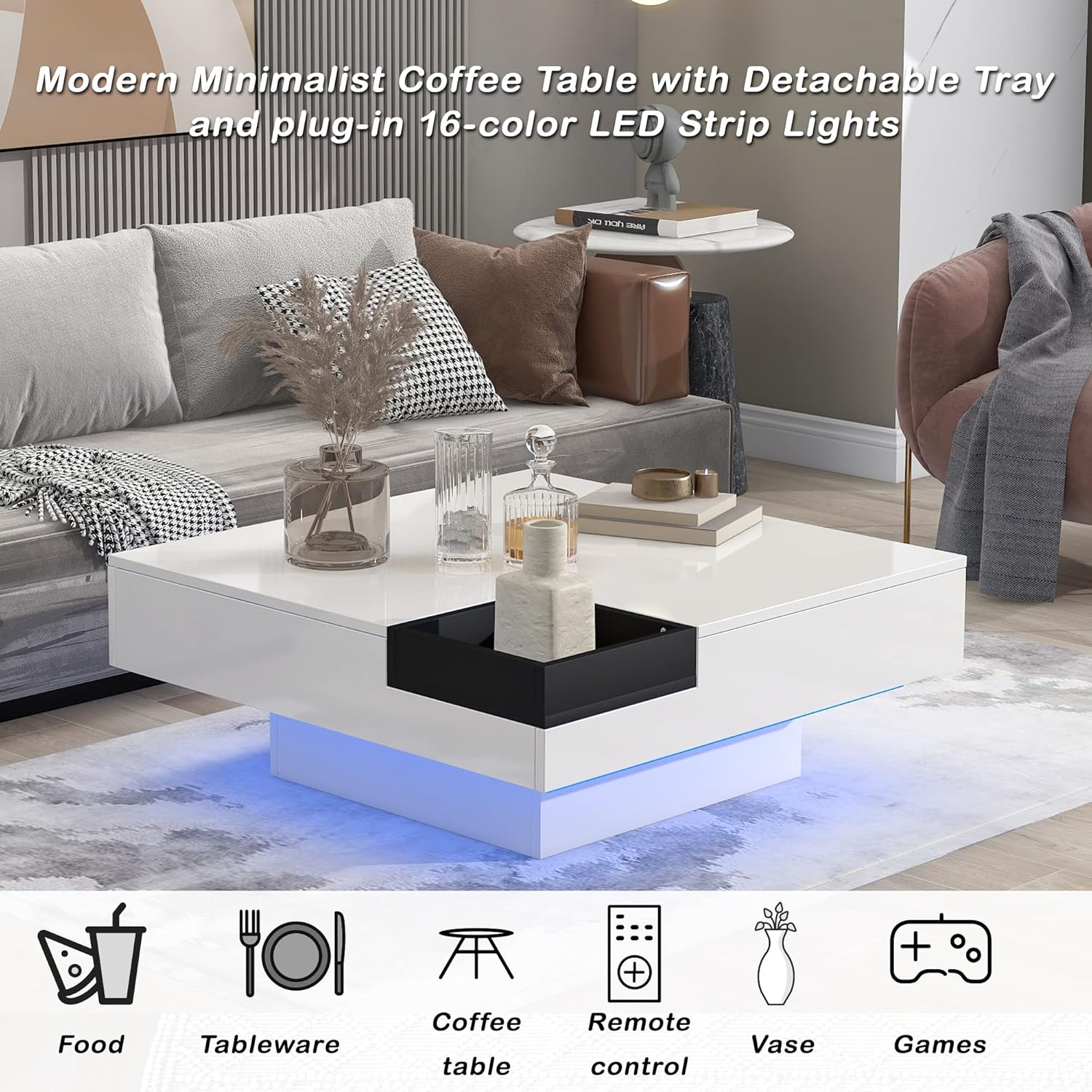 Harper & Bright Designs Mesa auxiliar de cóctel con luces LED de 16 colores, mesa de centro cuadrada de alto brillo UV, mesa central para sala de