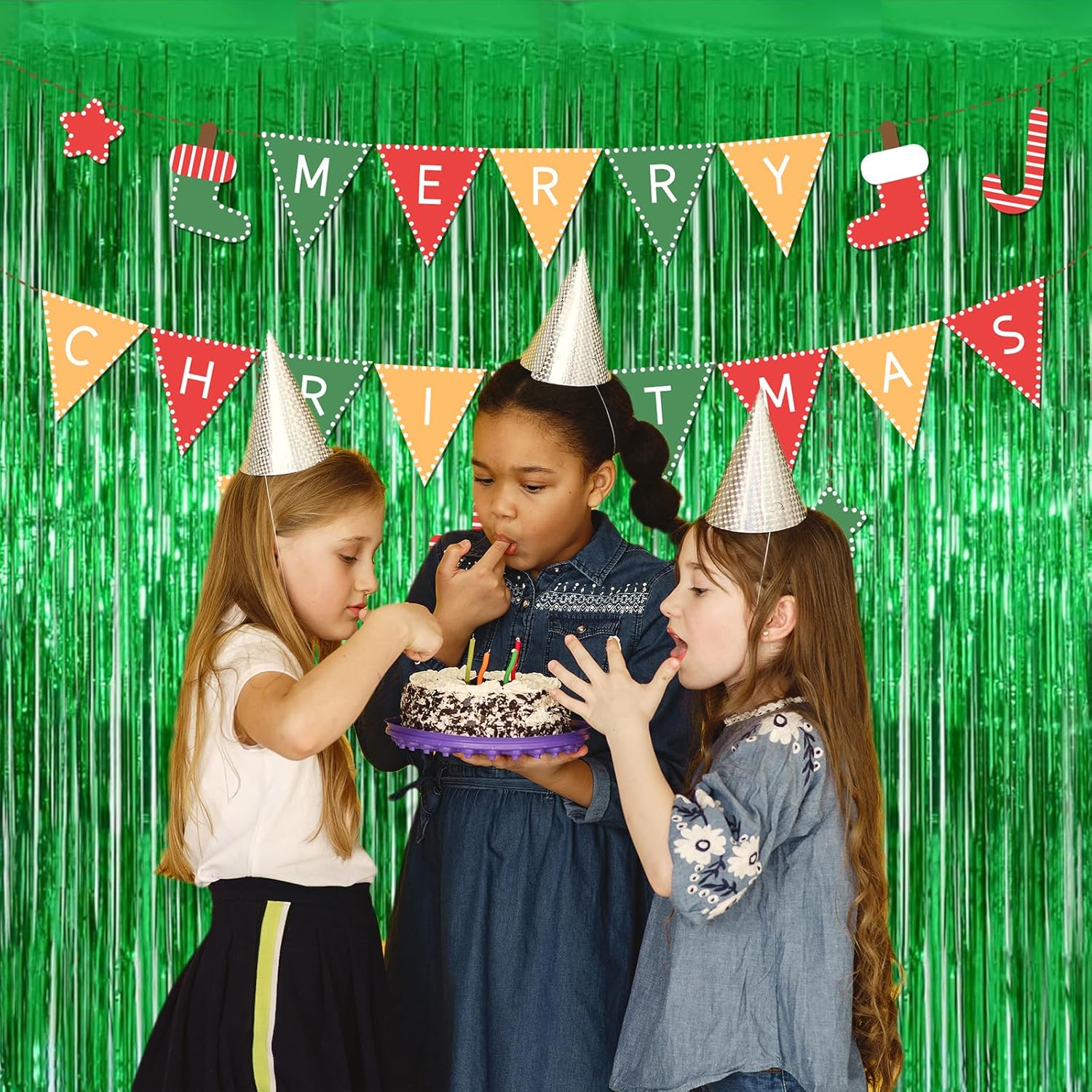 Decoración de fondo verde para fiestas, paquete de 3, 8 x 3.2 pies, decoración de cortina de flecos de papel de aluminio verde, perfecta para
