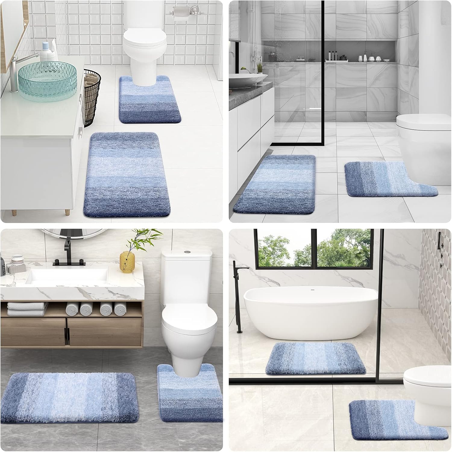 OLANLY Alfombra de baño y aseo en forma de U, tamaño 24 x 20 pulgadas, juego de alfombras de baño de 30 x 20 + 24 x 16 pulgadas, color azul, paquete