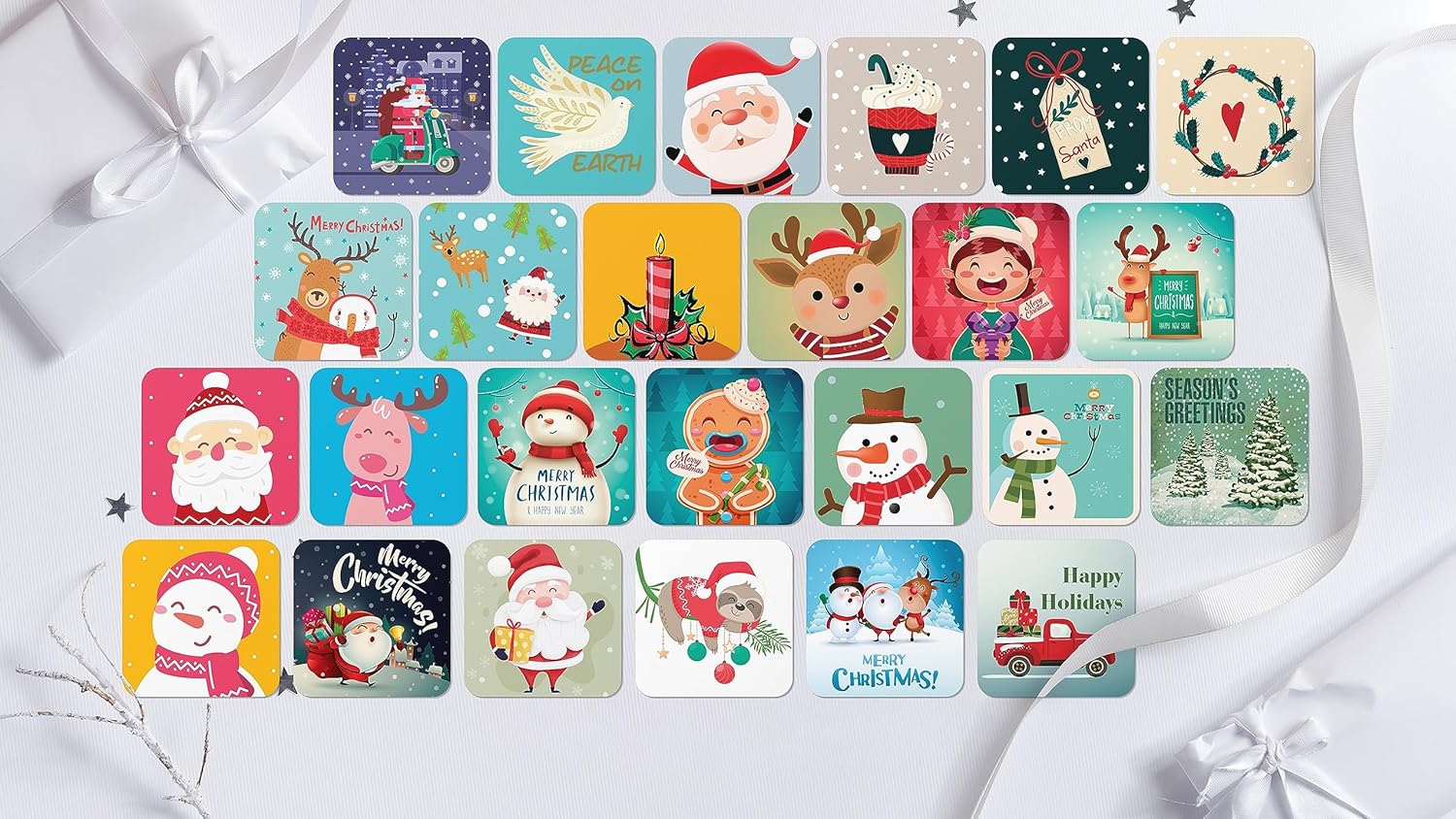 Better Office Products Mini tarjetas de felicitación de Navidad y sobres, 3 x 3 pulgadas, 25 diseños únicos con sobres rojos y verdes, pequeñas