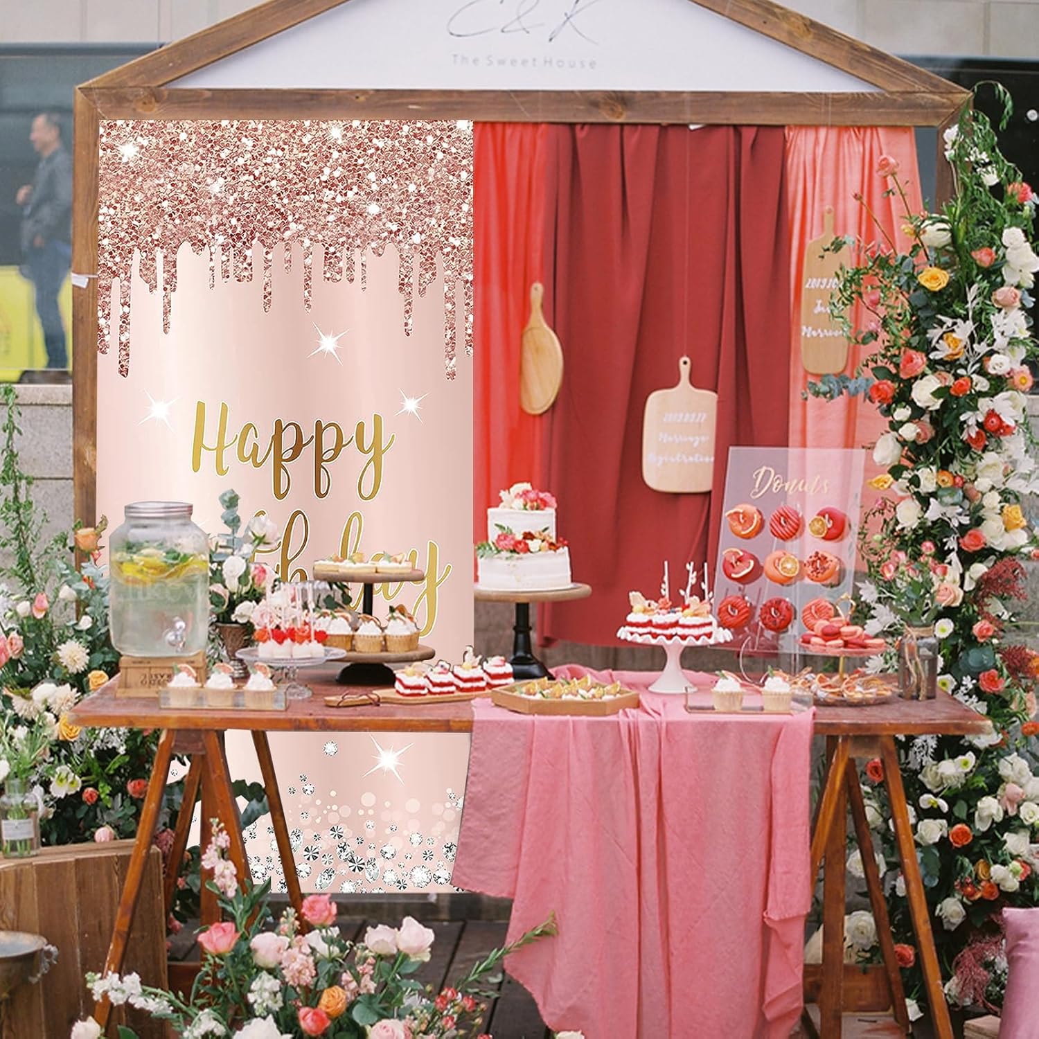 Cartel decorativo de puerta de cumpleaños para mujer, cartel de puerta de telón de fondo, letrero de feliz cumpleaños de oro rosa, suministros de