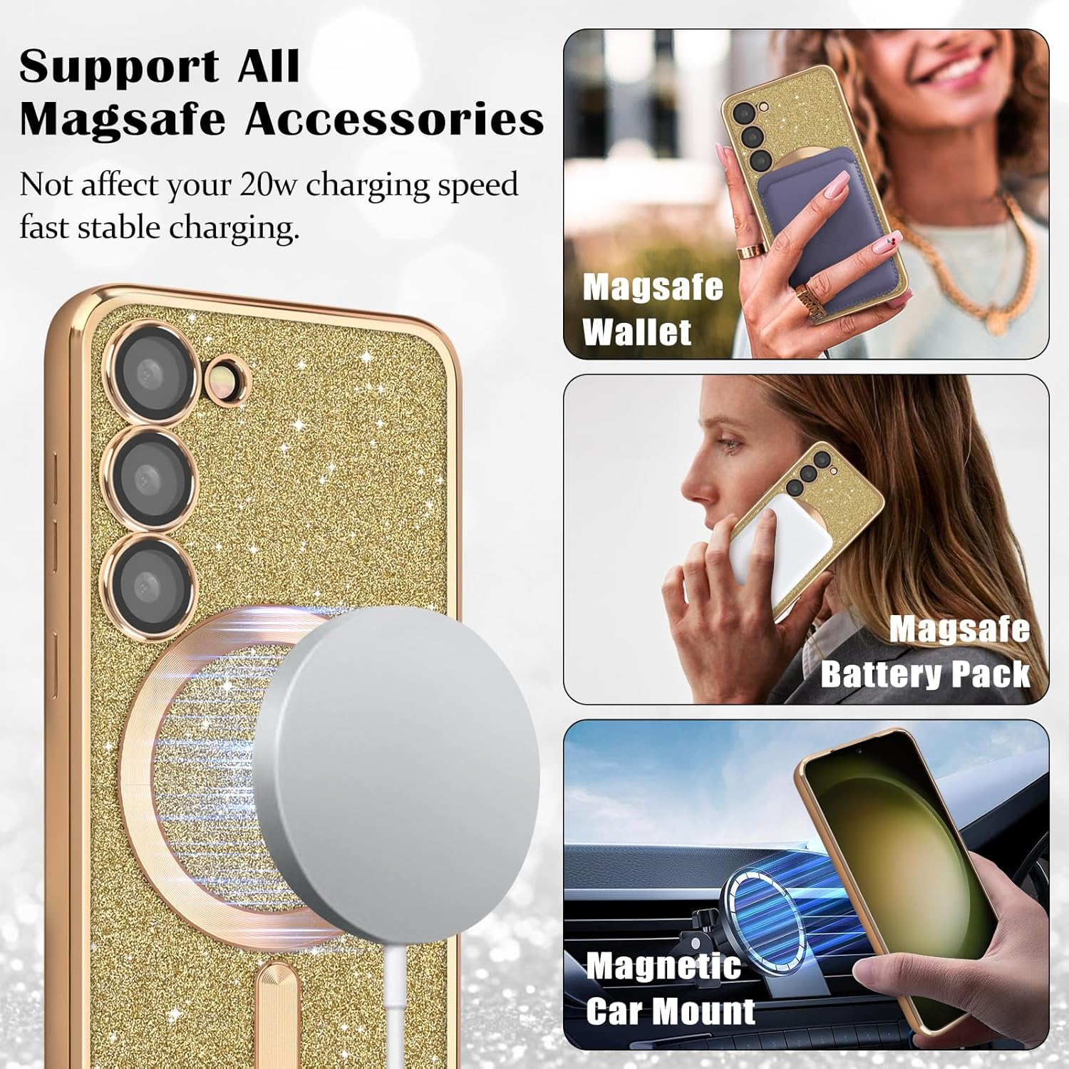 Newseego Funda magnética para Samsung Galaxy S23, funda con purpurina brillante, TPU suave, protección completa de la lente de la cámara, funda