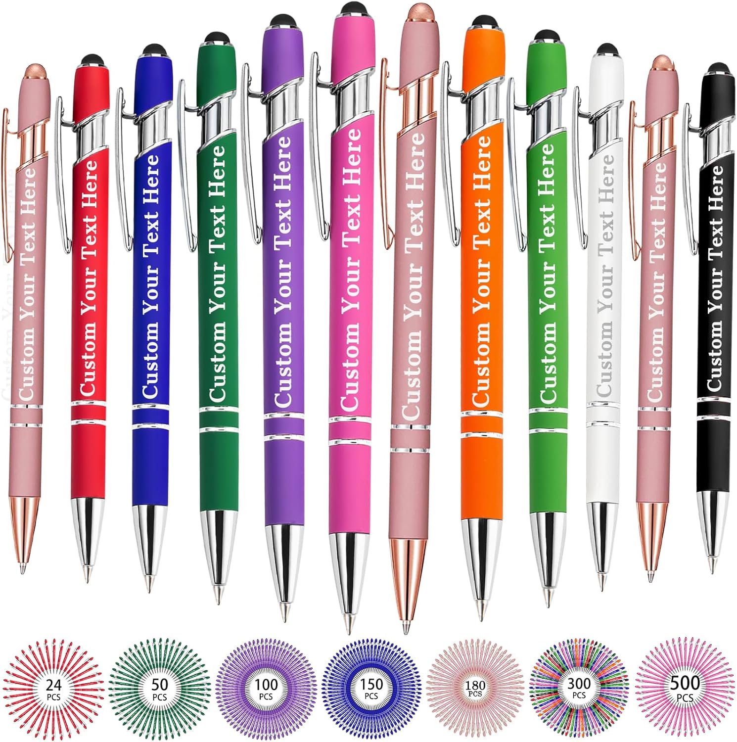 Hasta 500 bolígrafos personalizados a granel, bolígrafo grabado personalizado con punta de lápiz capacitivo, carcasa multicolor retráctil, bolígrafo