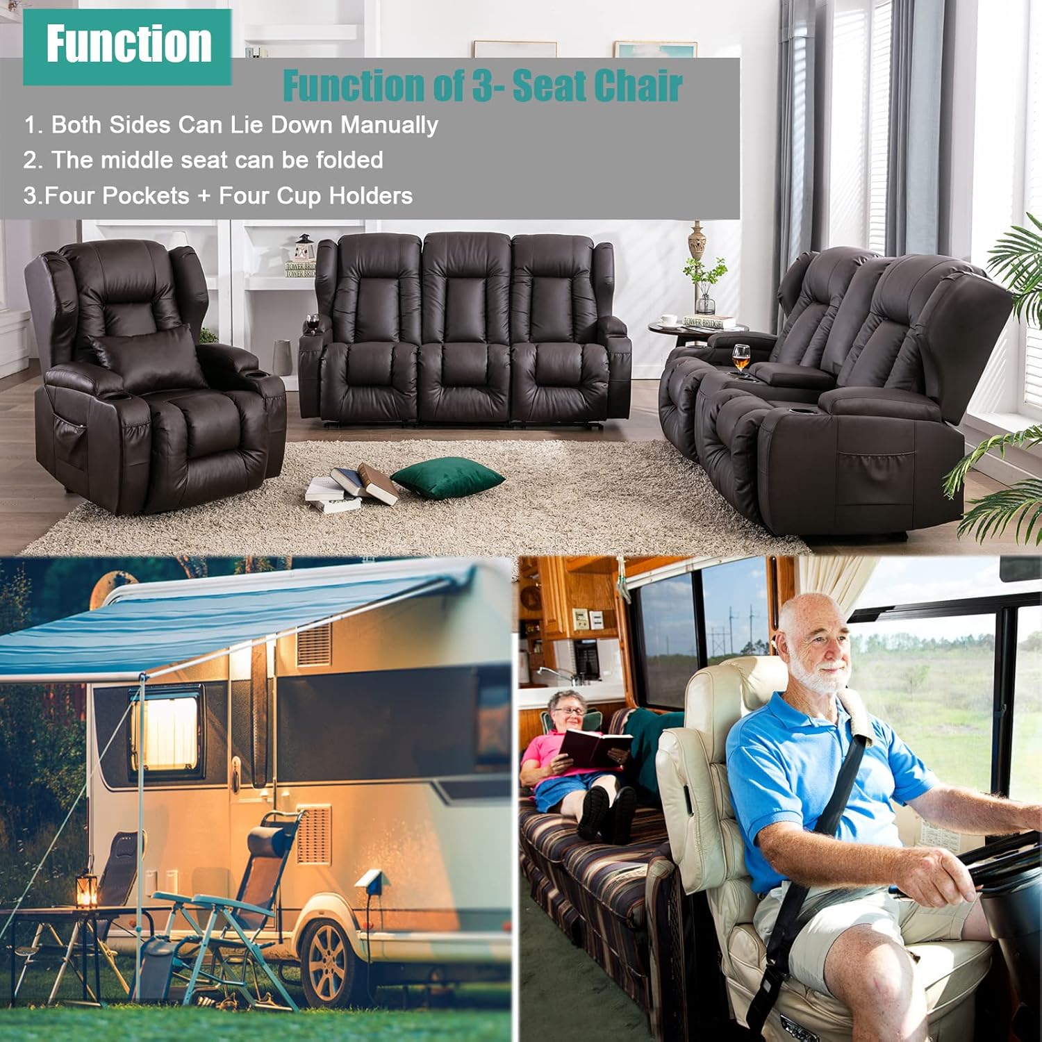 SAMERY Sofá reclinable de 76.7 pulgadas, sofá biplaza reclinable doble con consola, asiento reclinable manual de cine en casa, juego de sofá de 23