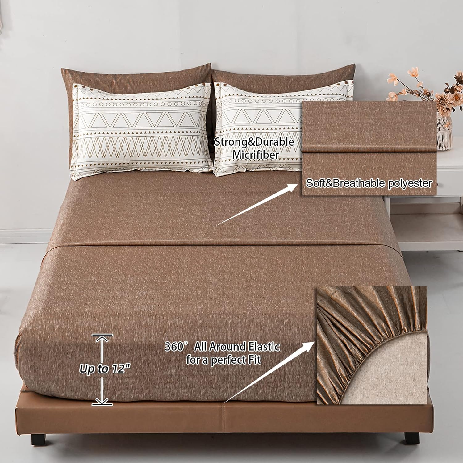 WONGS BEDDING Juego de edredón marrón bohemio de 7 piezas para cama Queen en una bolsa, edredón geométrico a rayas, reversible, juego de ropa de