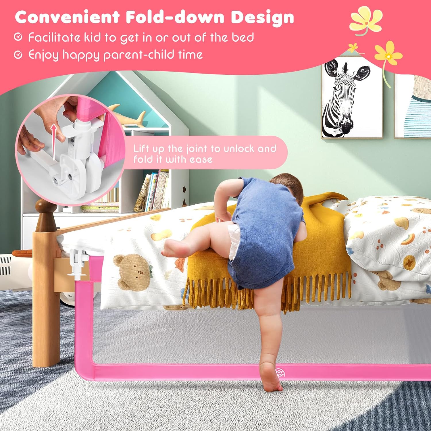 BABY JOY Rieles de cama para niños pequeños, 59 pulgadas, extra largo, protector de cama abatible con correas de seguridad, barandilla plegable para