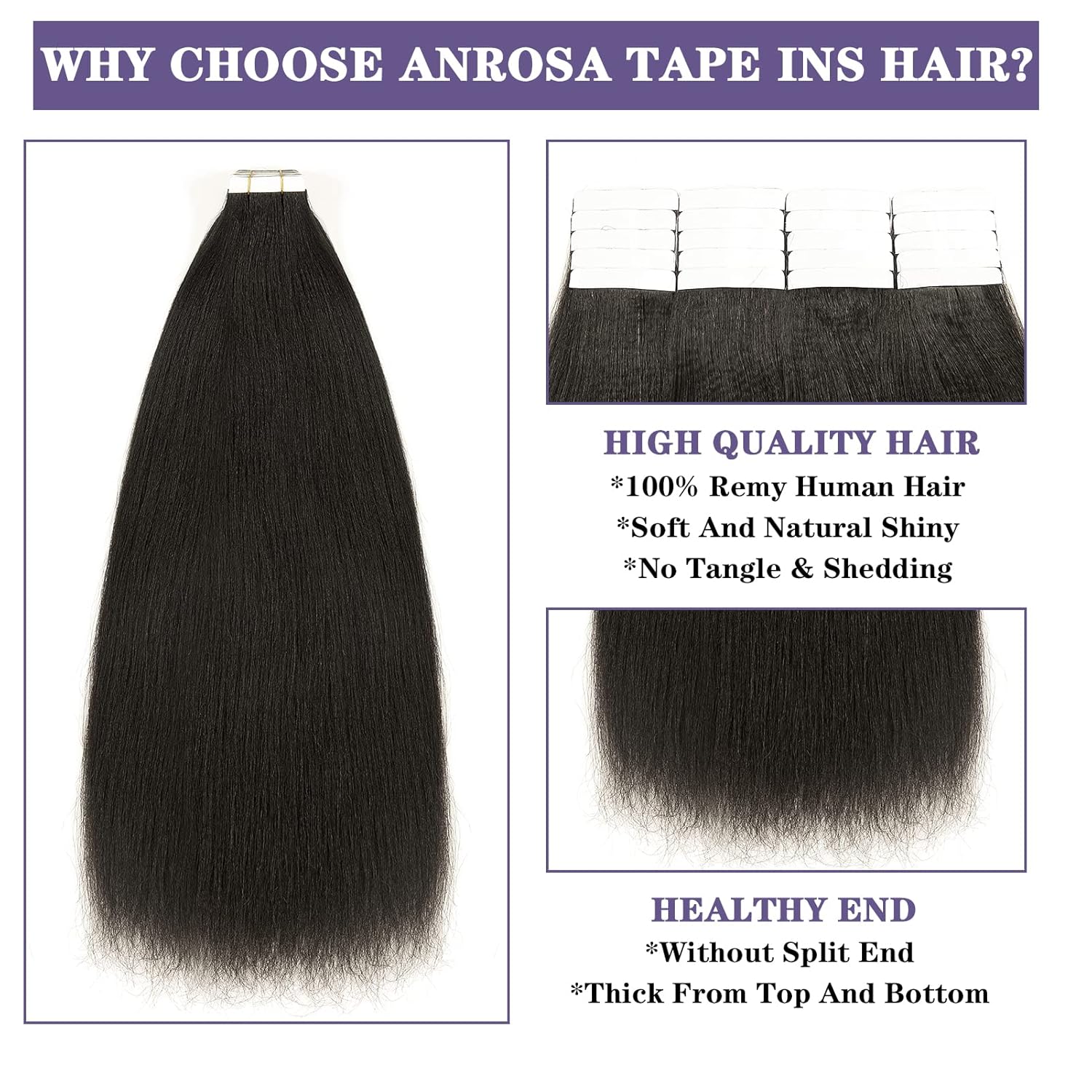 Anrosa Light Yaki – Extensiones adhesivas para mujeres negras, extensiones de cabello lacio Yaki brasileño 10A, color negro natural #1B, extensiones
