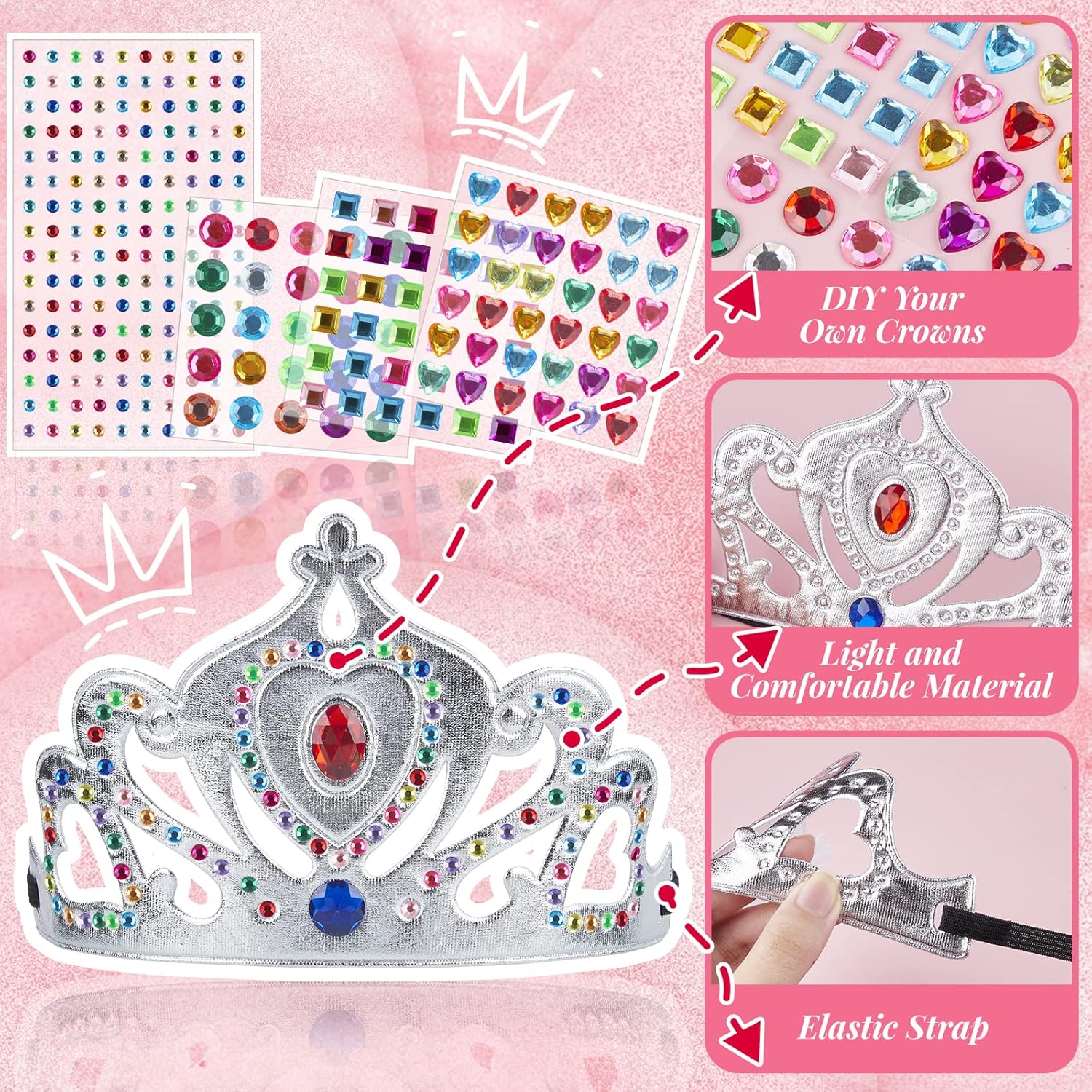 FLMRIOY Juego de 17 coronas de fiesta de princesa, suministros de fiesta para niños, kit de fabricación de tiaras con calcomanías de diamante para
