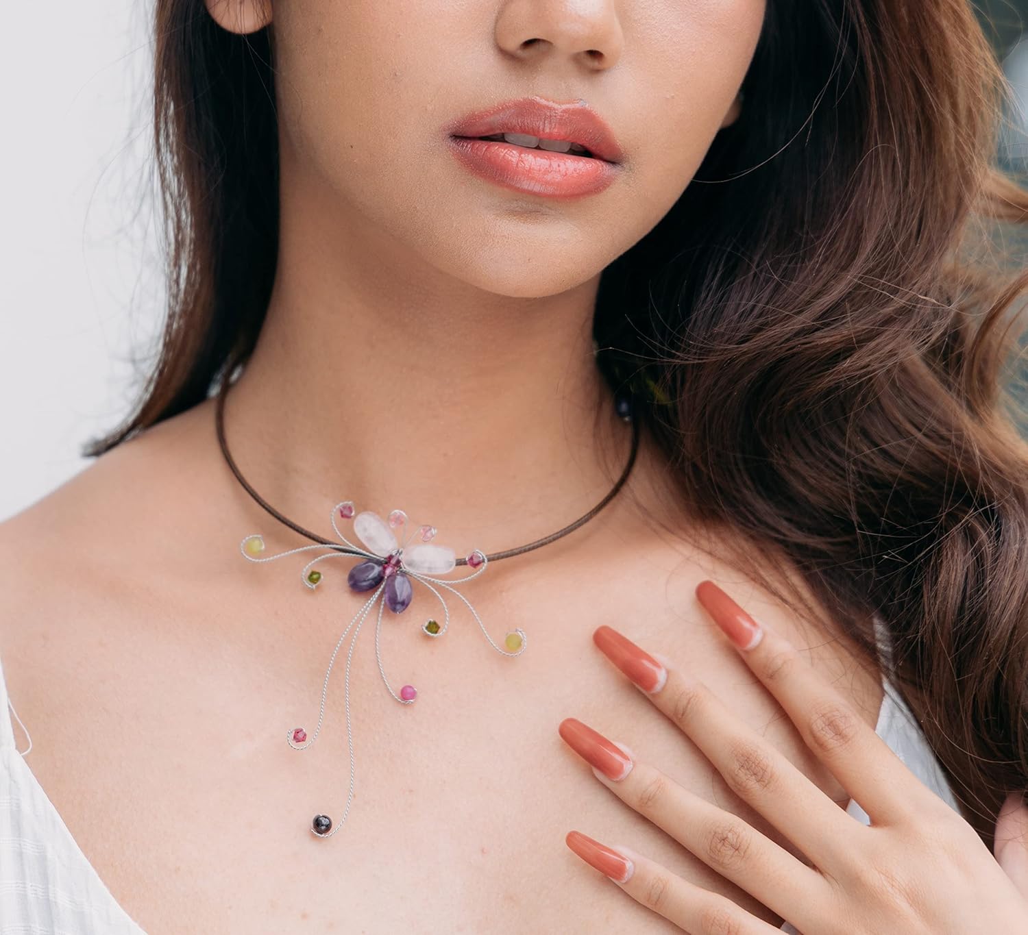 Pixa Choker Necklace  Handmade Rose Quartz and Amethyst Butterfly Crystal Necklace Boho Necklace with multi Crystal beads Vintage Elegant Boho
