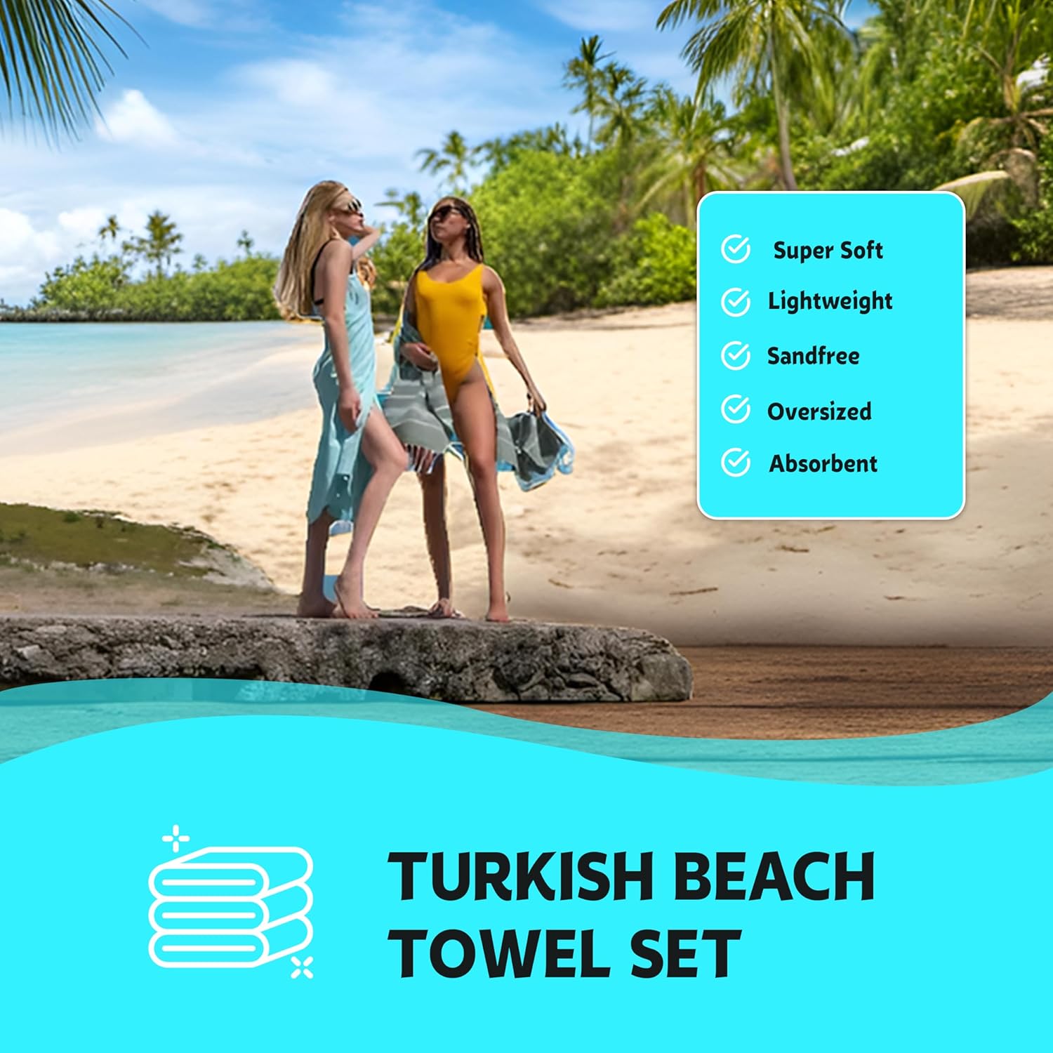 HAVLULAND Paquete de 2 toallas turcas de playa de gran tamaño, 39 x 71 pulgadas, 100% algodón turco, sin arena, de secado rápido, absorbentes, manta